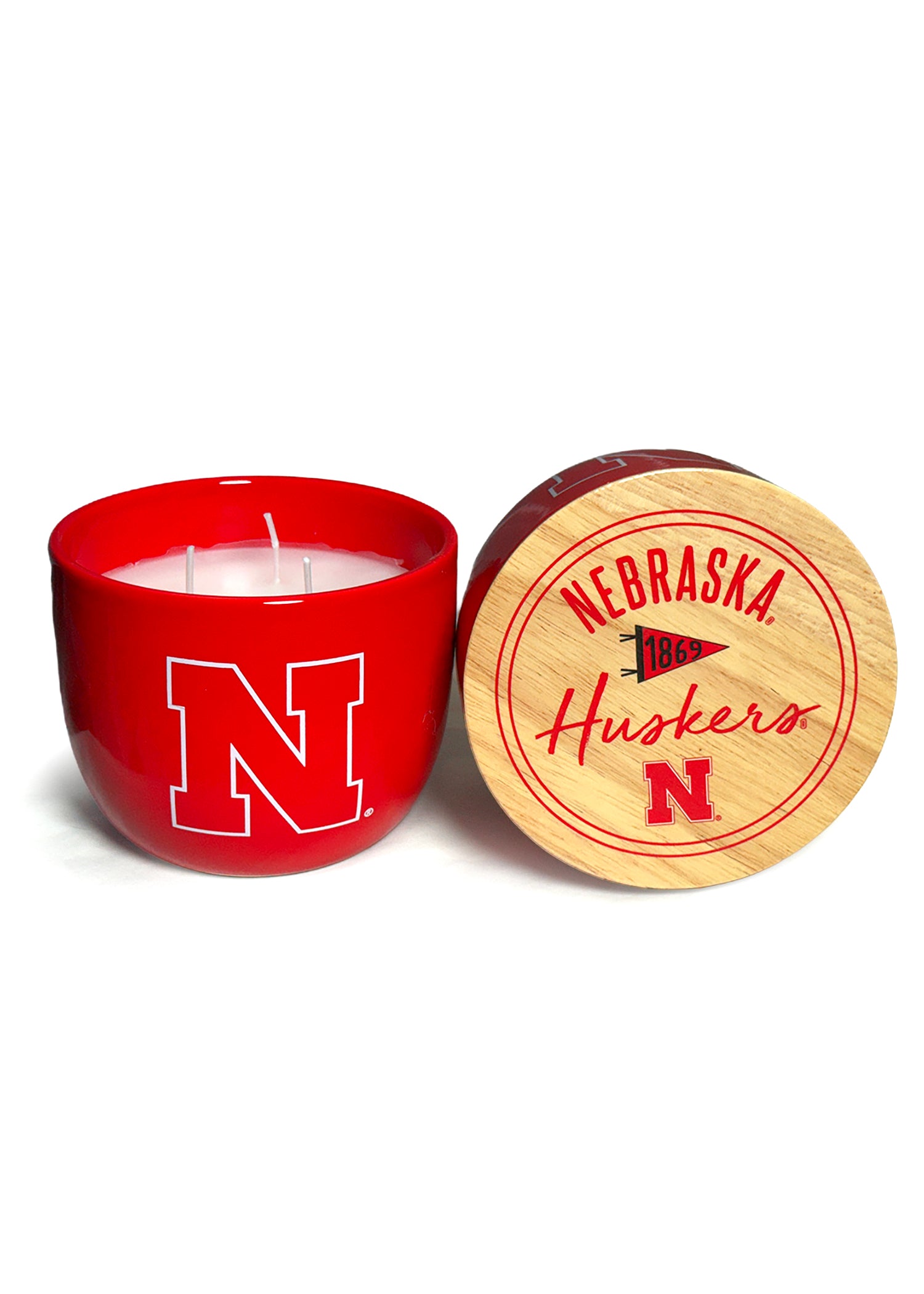 16oz. Script Circle Wood Top Ceramic Candle Nebraska Cornhuskers