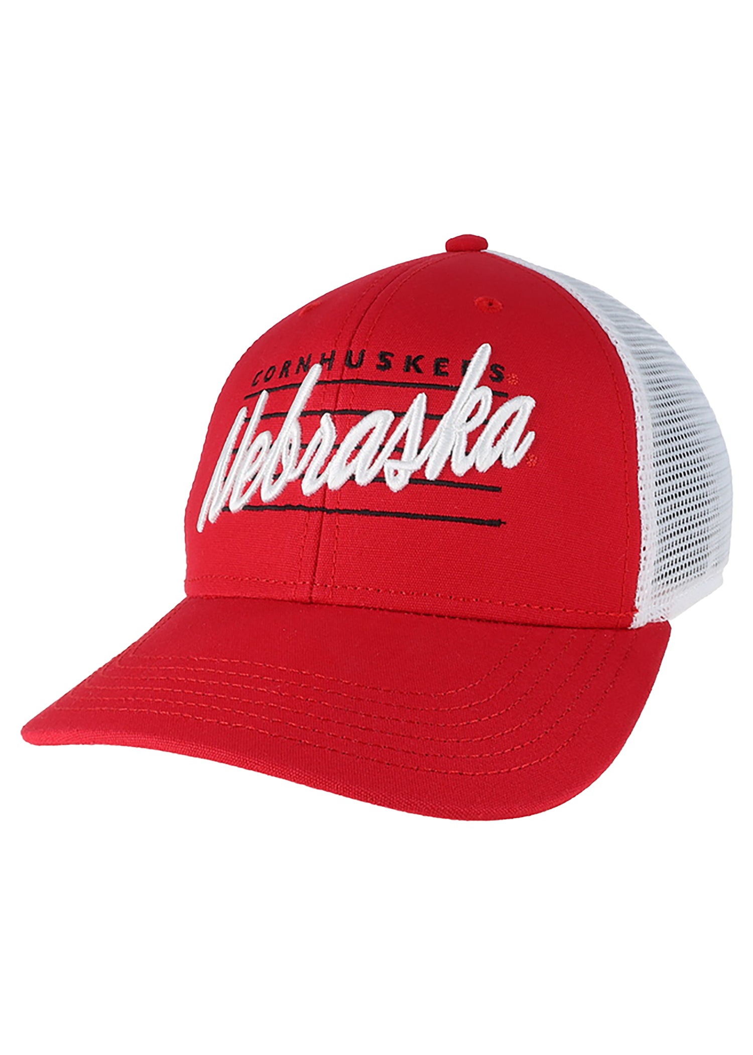Red/White Script “Nebraska” Mesh Trucker Hat, Snapback, Curved Bill