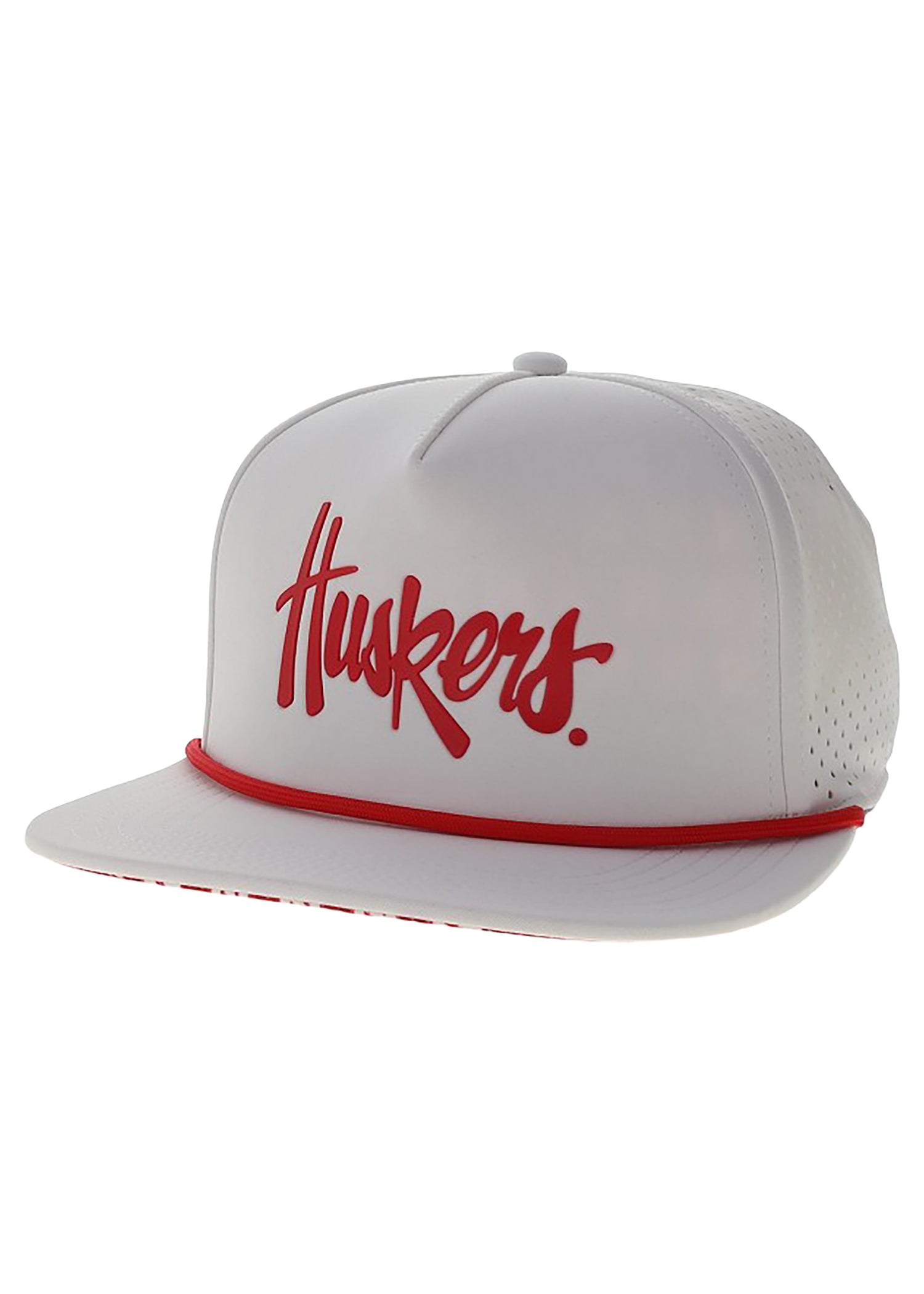White Performance Rope Hat with Red “Huskers” Script, Pattern under bill, Snapback, Flat Bill