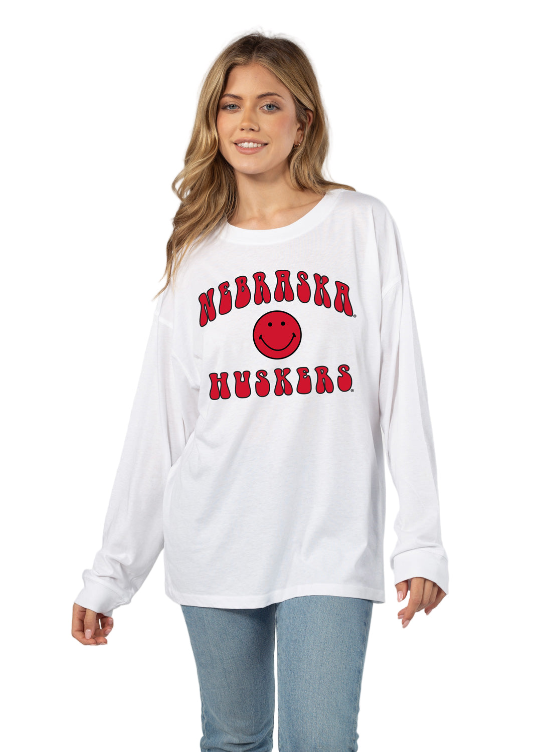 Women's White Long Sleeve Smiley Nebraska Cornhuskers