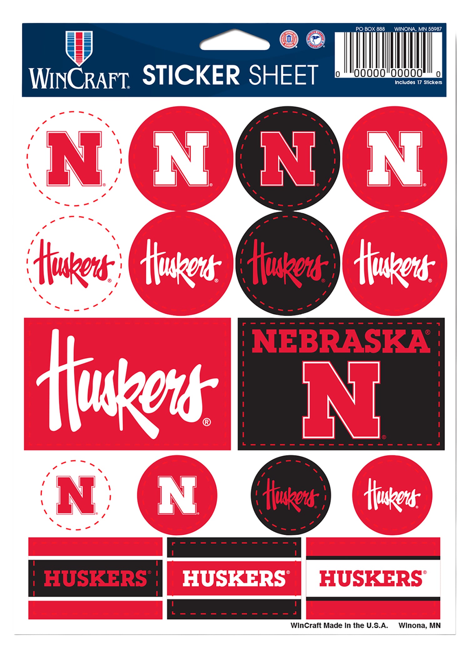 8.5 x 10 Vinyl Sticker Sheet 17 pc Nebraska Cornhuskers
