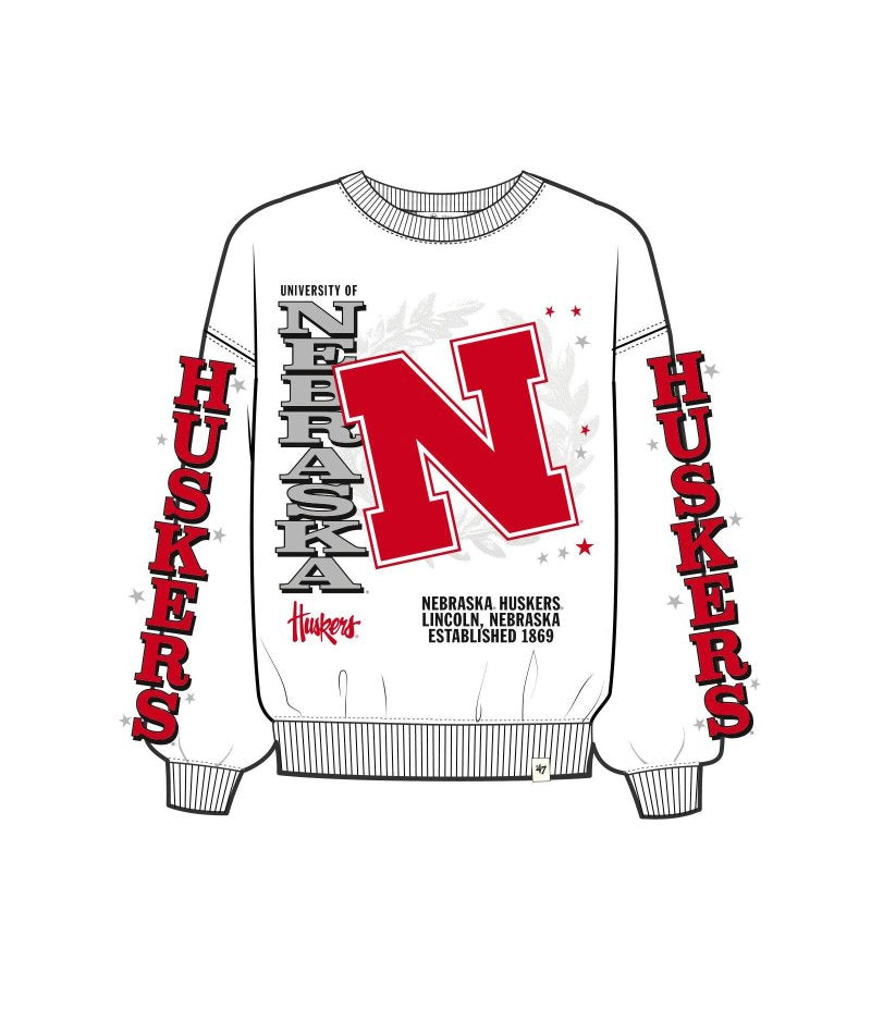 White Wash Thunderous Oversized Crew - Nebraska Cornhuskers