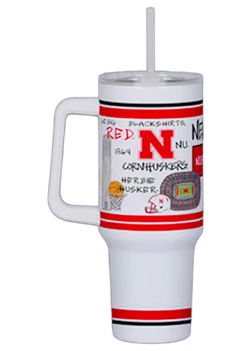 Red Stripe Collage Handle Tumbler w/ Straw (10″ Tall)