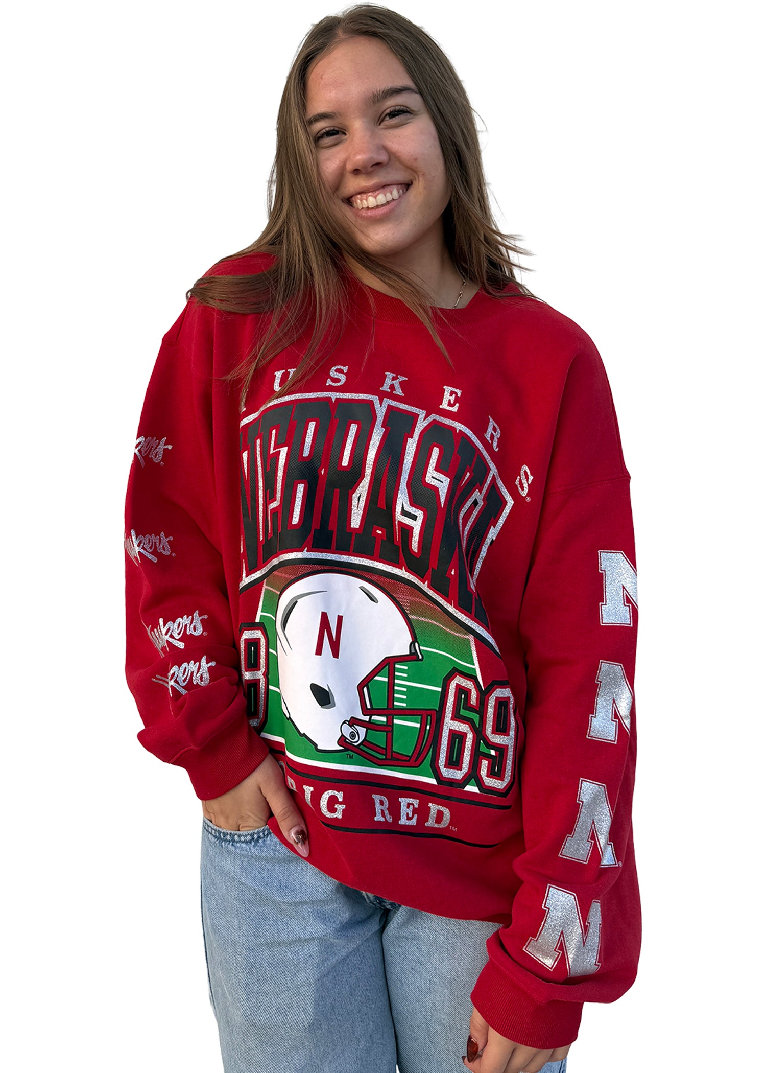 Nebraska Huskers Glitter Retro Helmet Crewneck