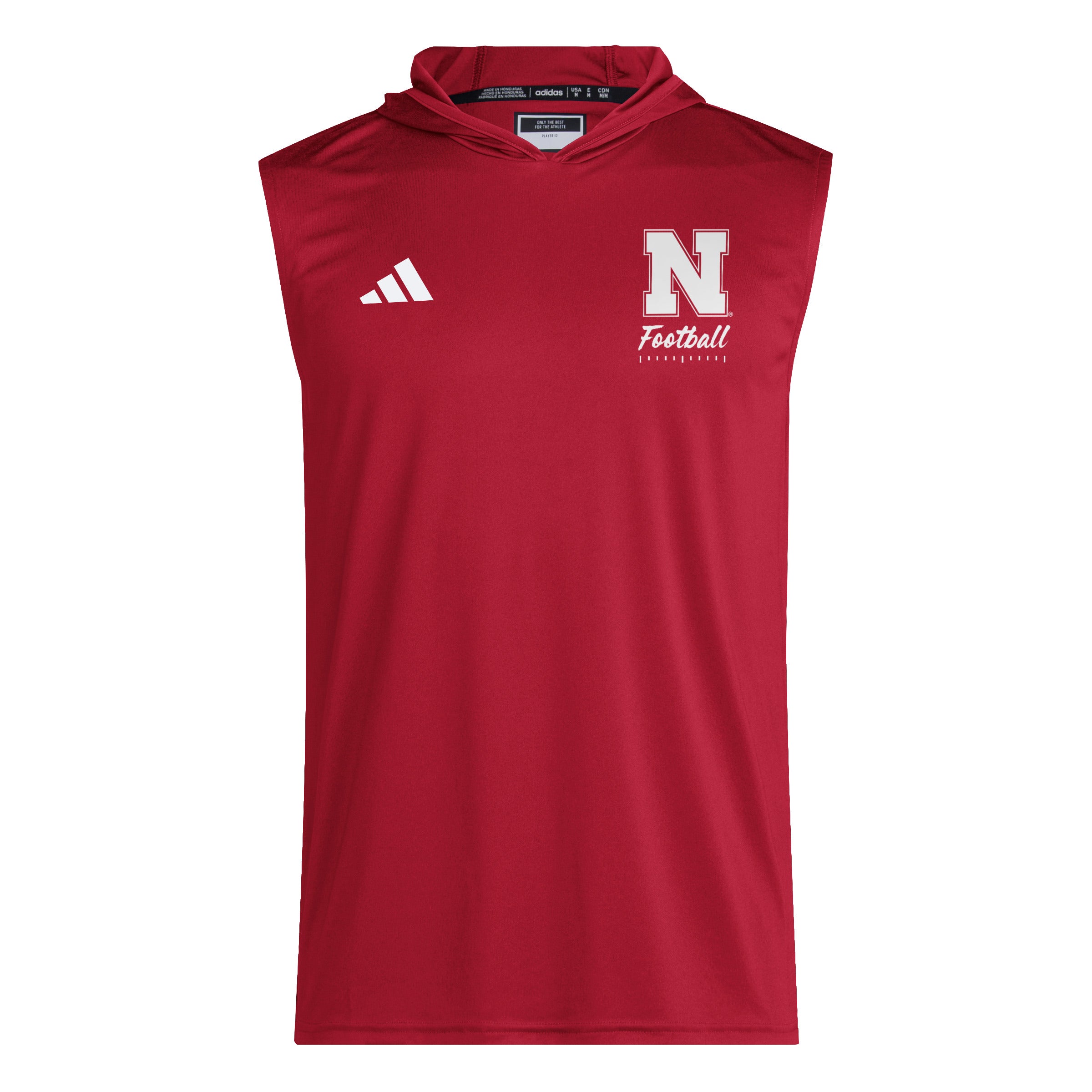 Red Adidas Men's Designed for Training Football Script Sleeveless Hoodie - Nebraska Cornhuskers