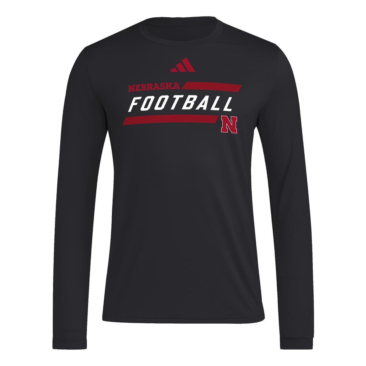 Black Adidas Men's Italics Football Pregame Long Sleeve Tee - Nebraska Cornhuskers