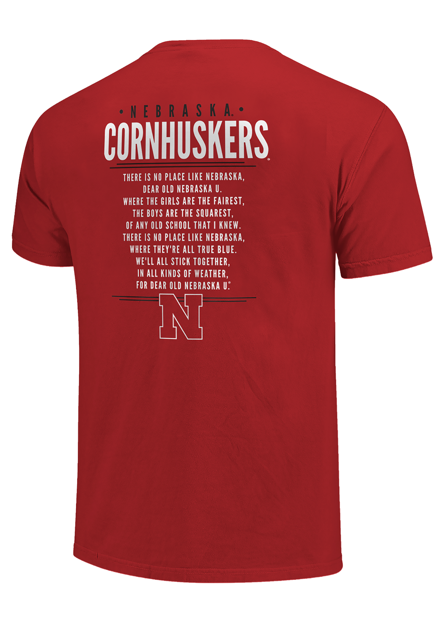 Red Men’s Short Sleeve T-Shirt – Huskers N Chest, Cornhuskers Fight Song Back