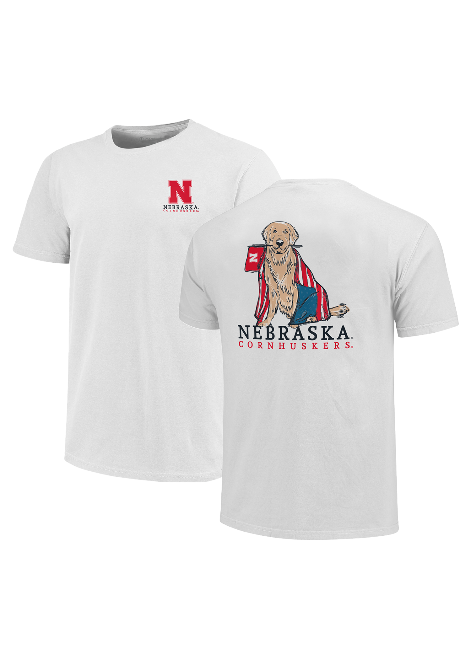 White Men’s Short Sleeve T-Shirt – Nebraska N Chest, Golden Retriever Back