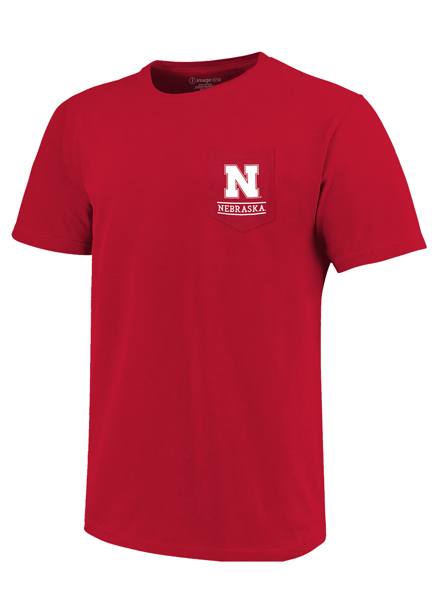 Red Men’s Short Sleeve Pocket T-Shirt – Nebraska N Chest, Campus Skyline Back