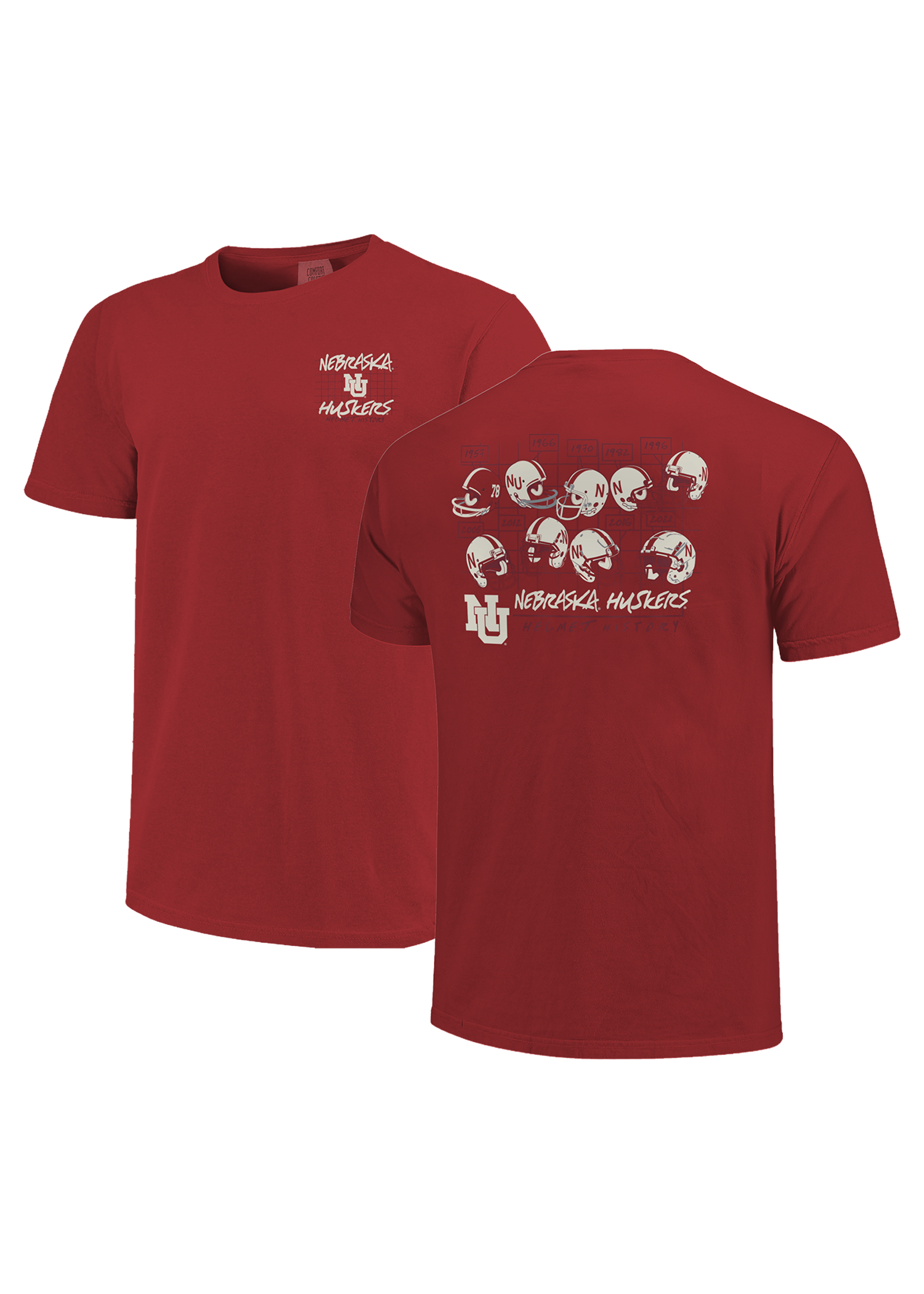 Red NU Huskers, Helmet History Tee - Nebraska Cornhuskers