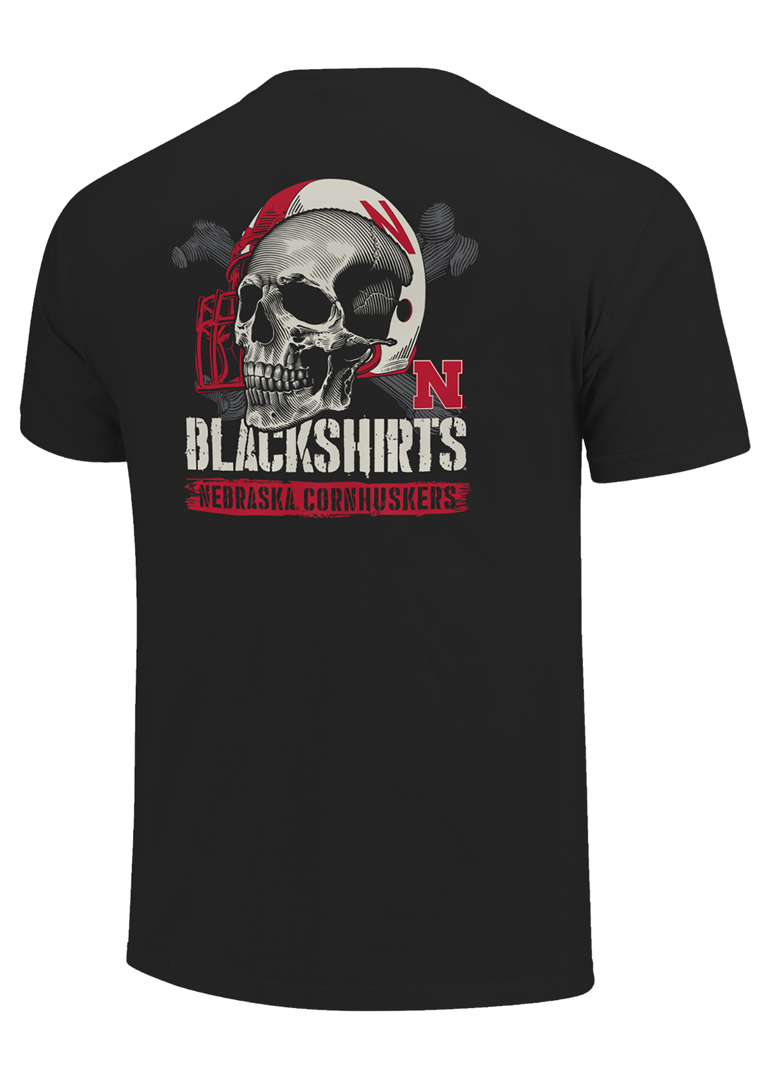 Black Men’s Short Sleeve T-Shirt – Nebraska Huskers N Chest, Skull Blackshirts Back