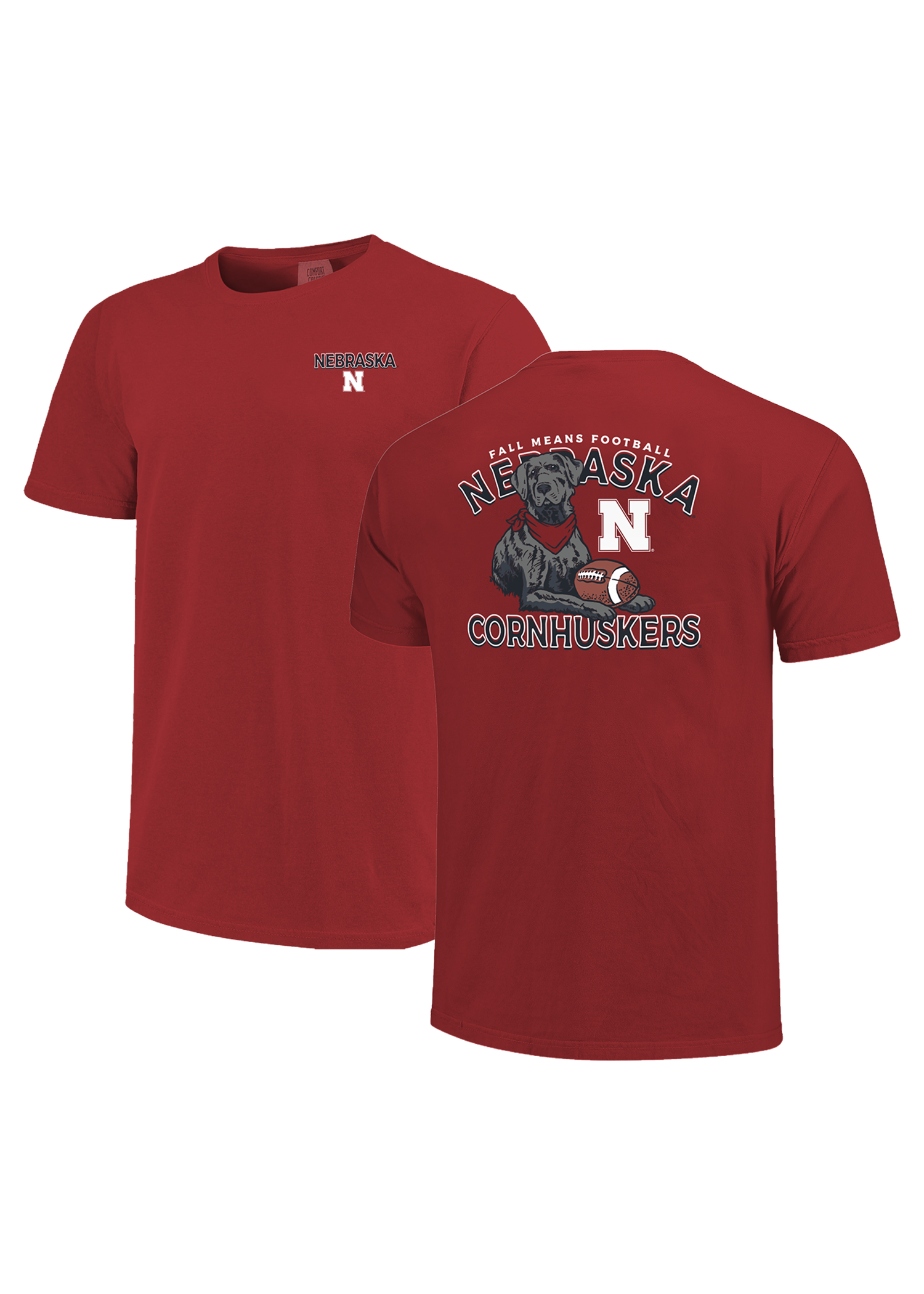 Red Men’s Short Sleeve T-Shirt – Nebraska N Chest, Black Dog Football Back