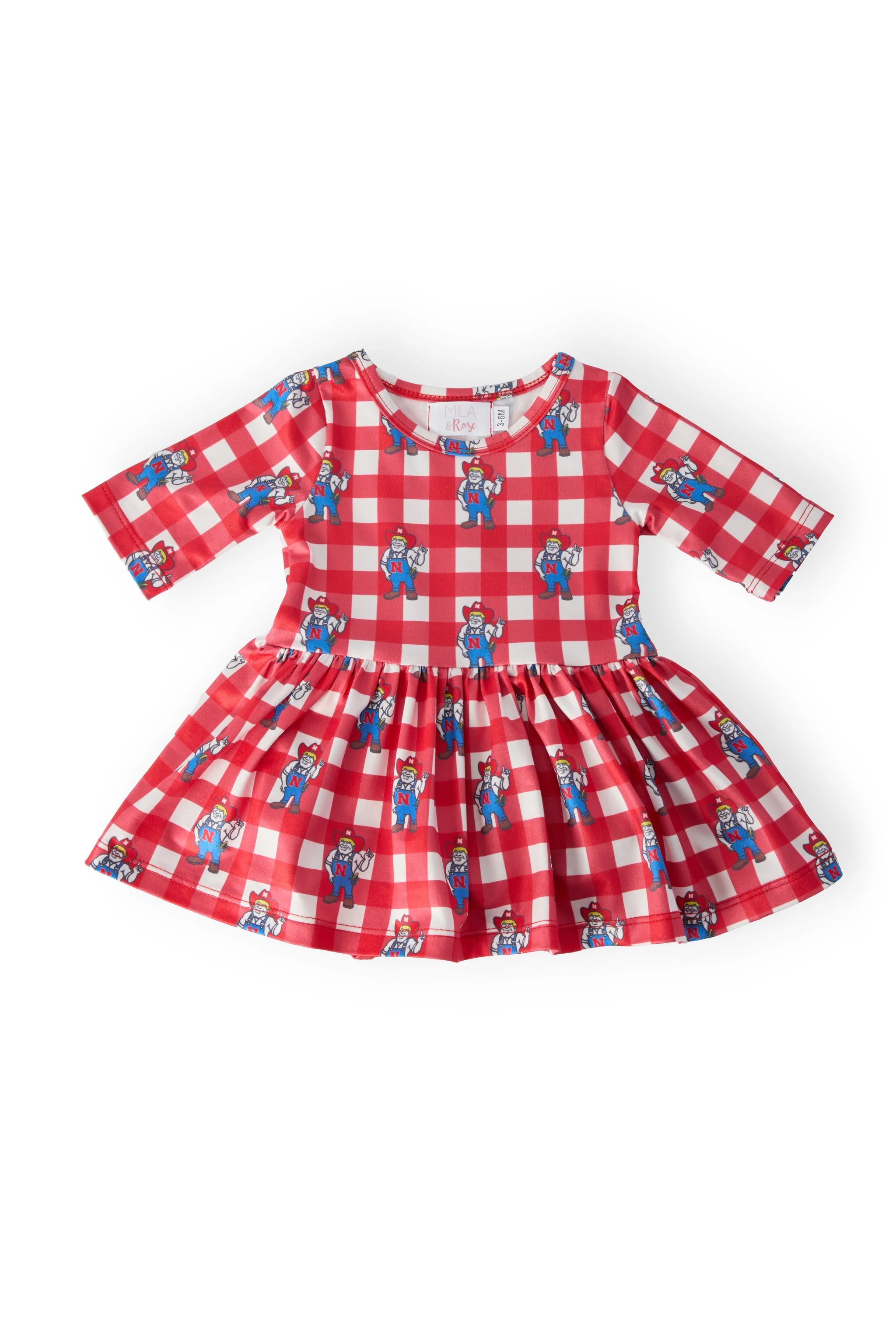 Nebraska Plaid Herbie Husker 3/4 Sleeve Twirl Bodysuit, Infant - Nebraska Cornhuskers