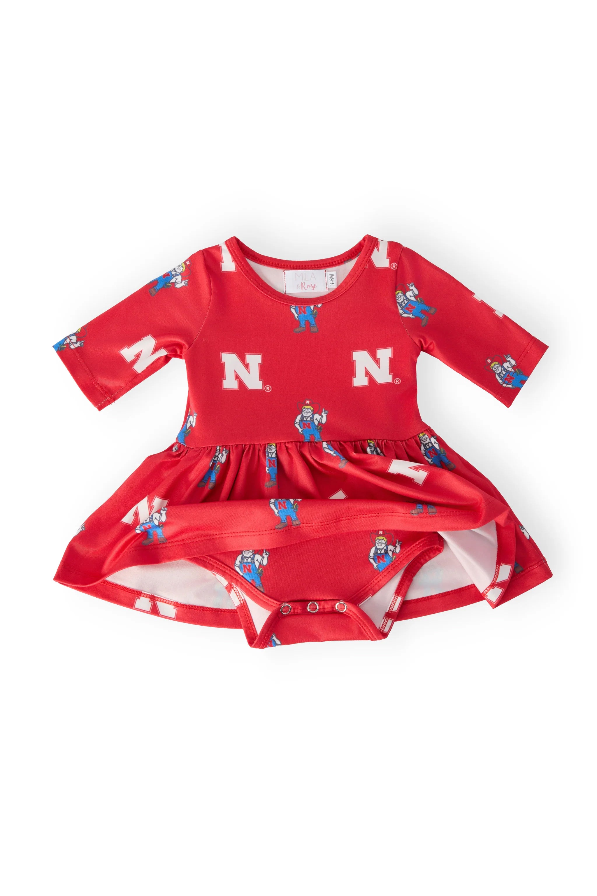 Nebraska Red Herbie Husker 3/4 Sleeve Twirl Bodysuit, Infant - Nebraska Cornhuskers