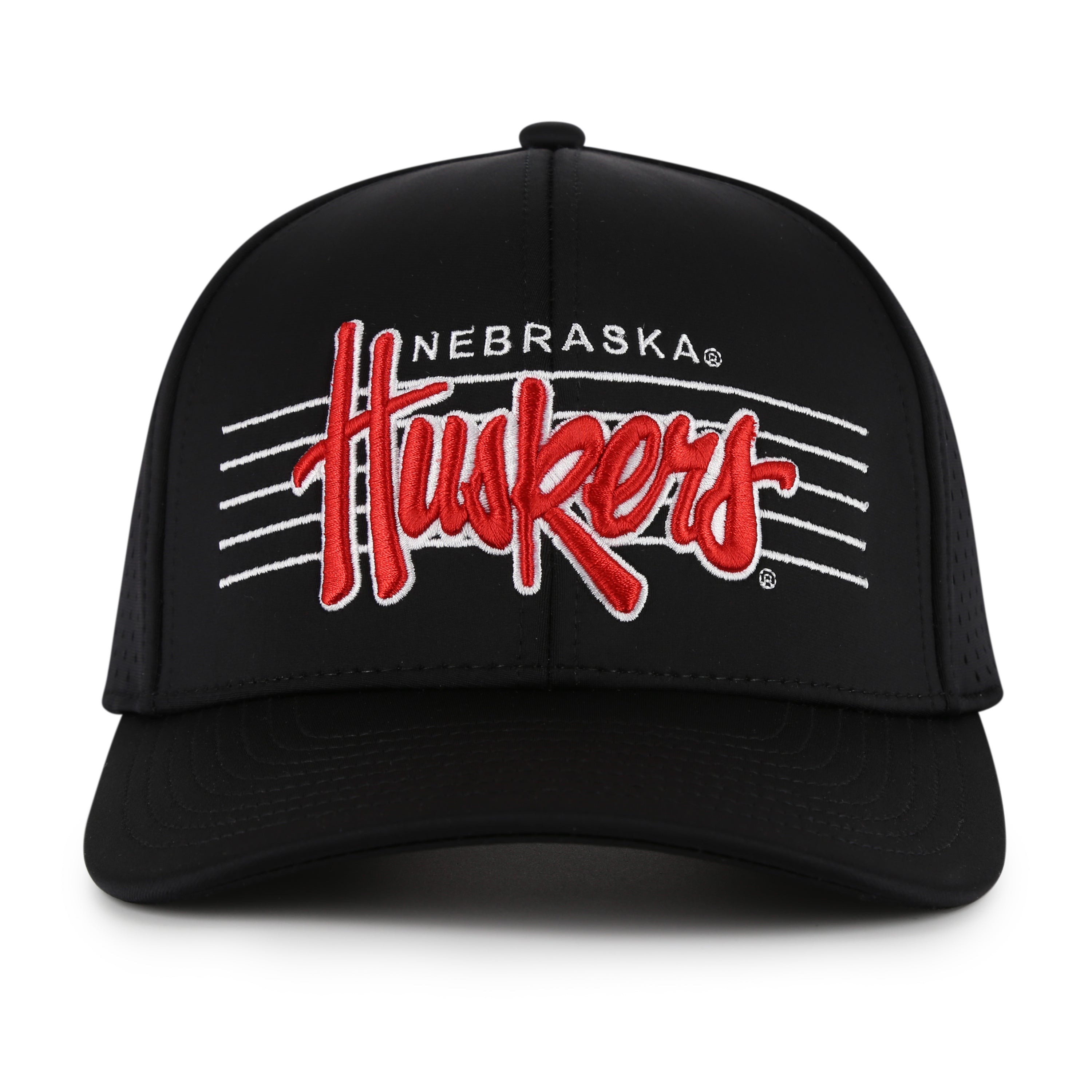 NeoCool Perforated 6-Panel Black Hat, Curved Bill, Snapback - Nebraska Cornhuskers