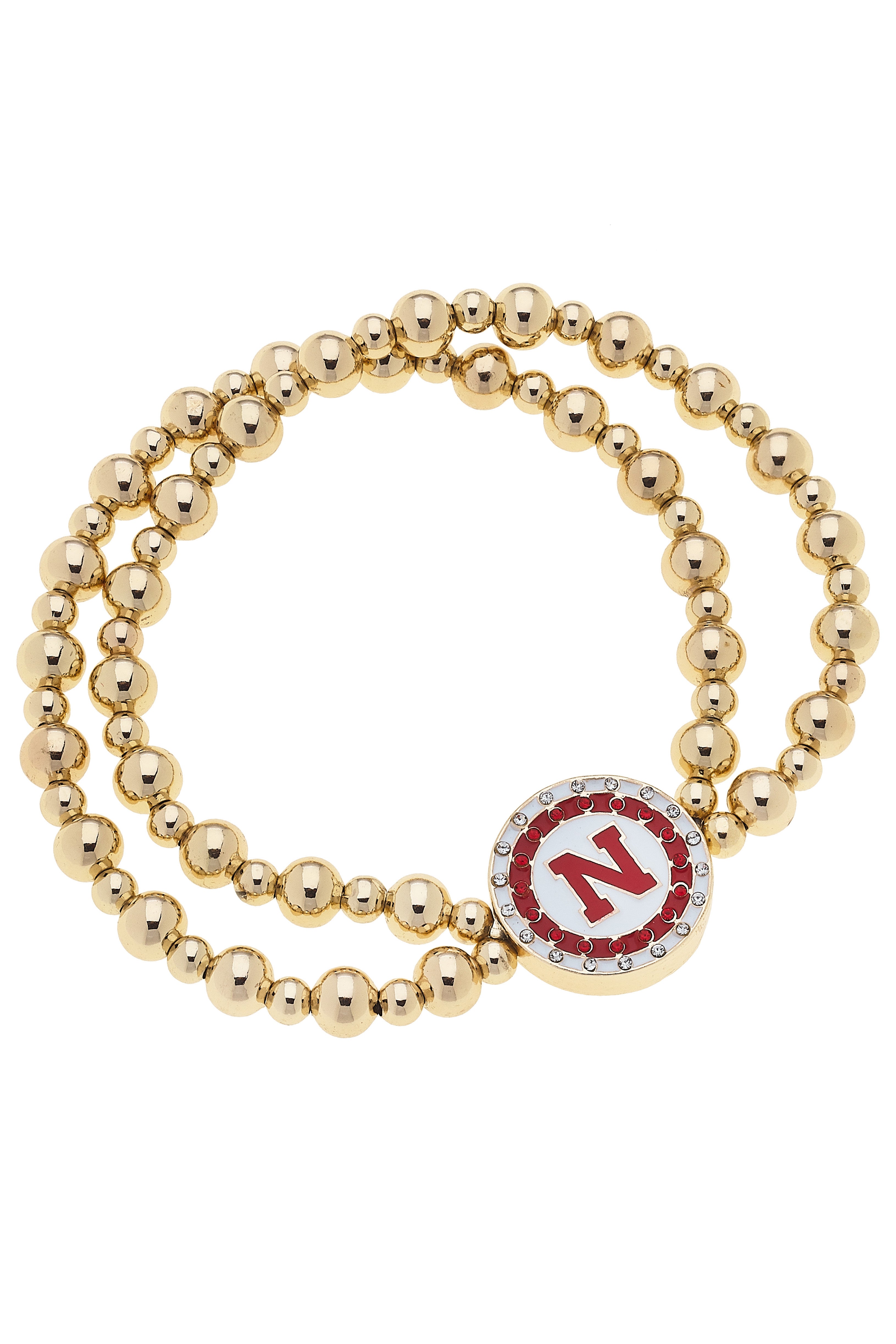 Pave Disc 2-Row Ball Bead Stretch Bracelet in Shiny Gold - Nebraska Cornhuskers
