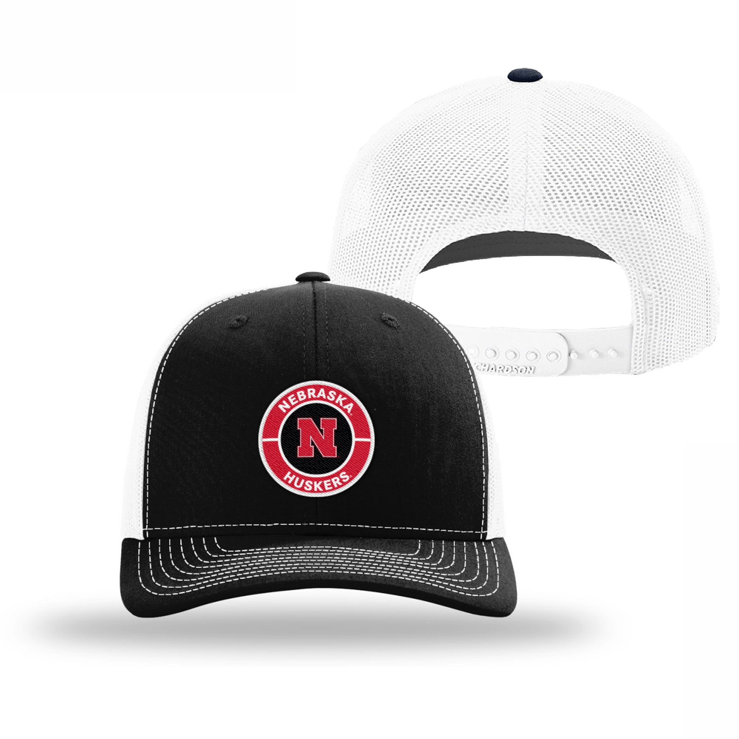 Recycled Trucker Clubhouse 112RE Black and White Circle Nebraska Huskers Hat, Snapback, Curved Bill - Nebraska Cornhuskers