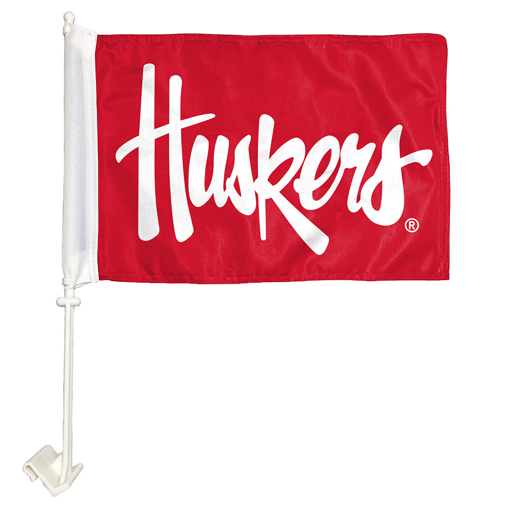 Red Script Huskers - Car Flag Double Sided Silk Screened 11in x 16in Nebraska Cornhuskers