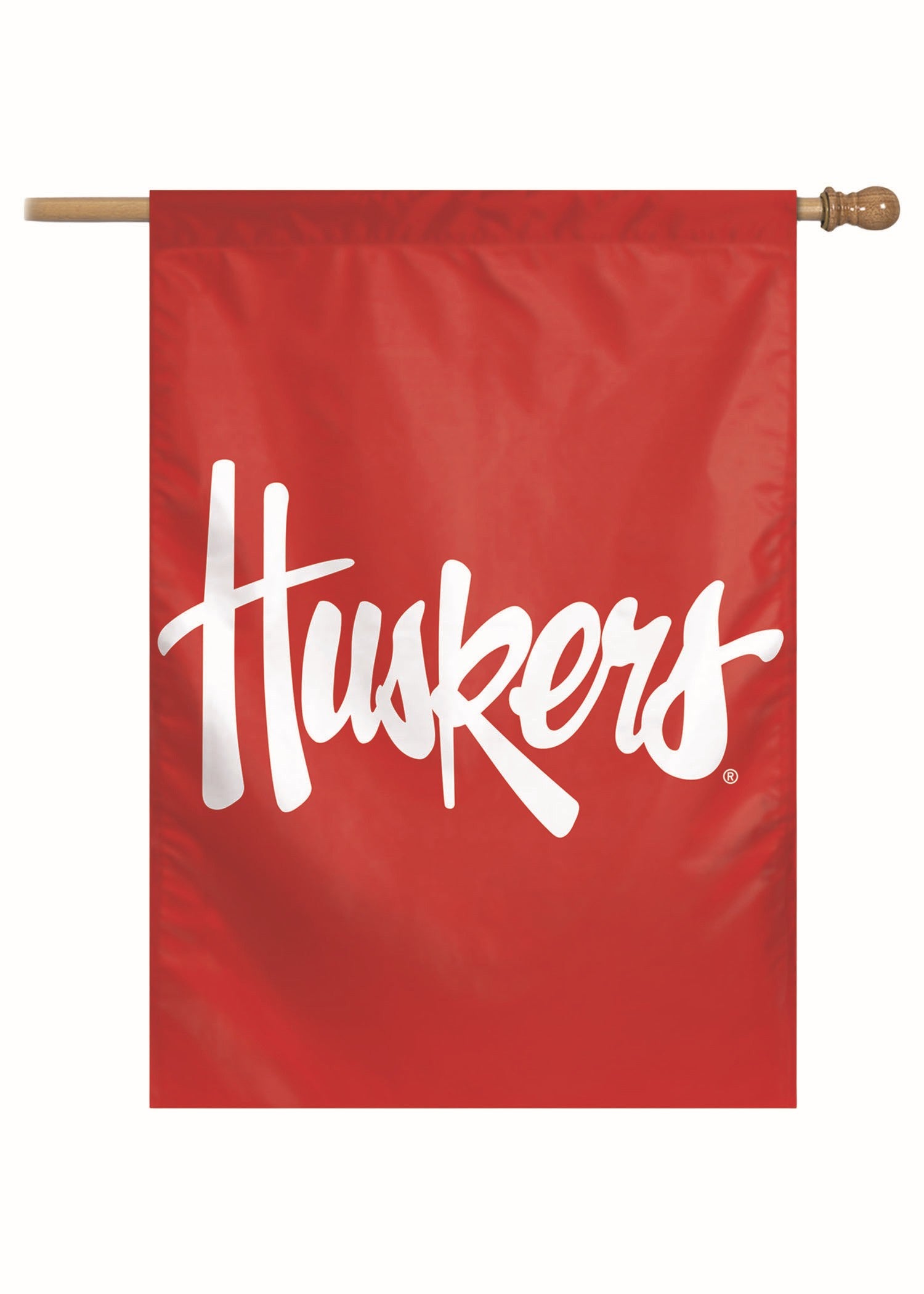 Red Script Huskers - Vertical Flag Single Sided Silk Screened 28in x 40in Nebraska Cornhuskers