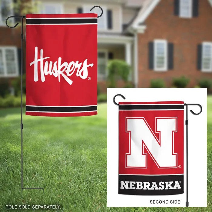 Red Script Huskers Block N - Garden Flags Double Sided Silk Screened 12.5in x 18in Nebraska Cornhuskers