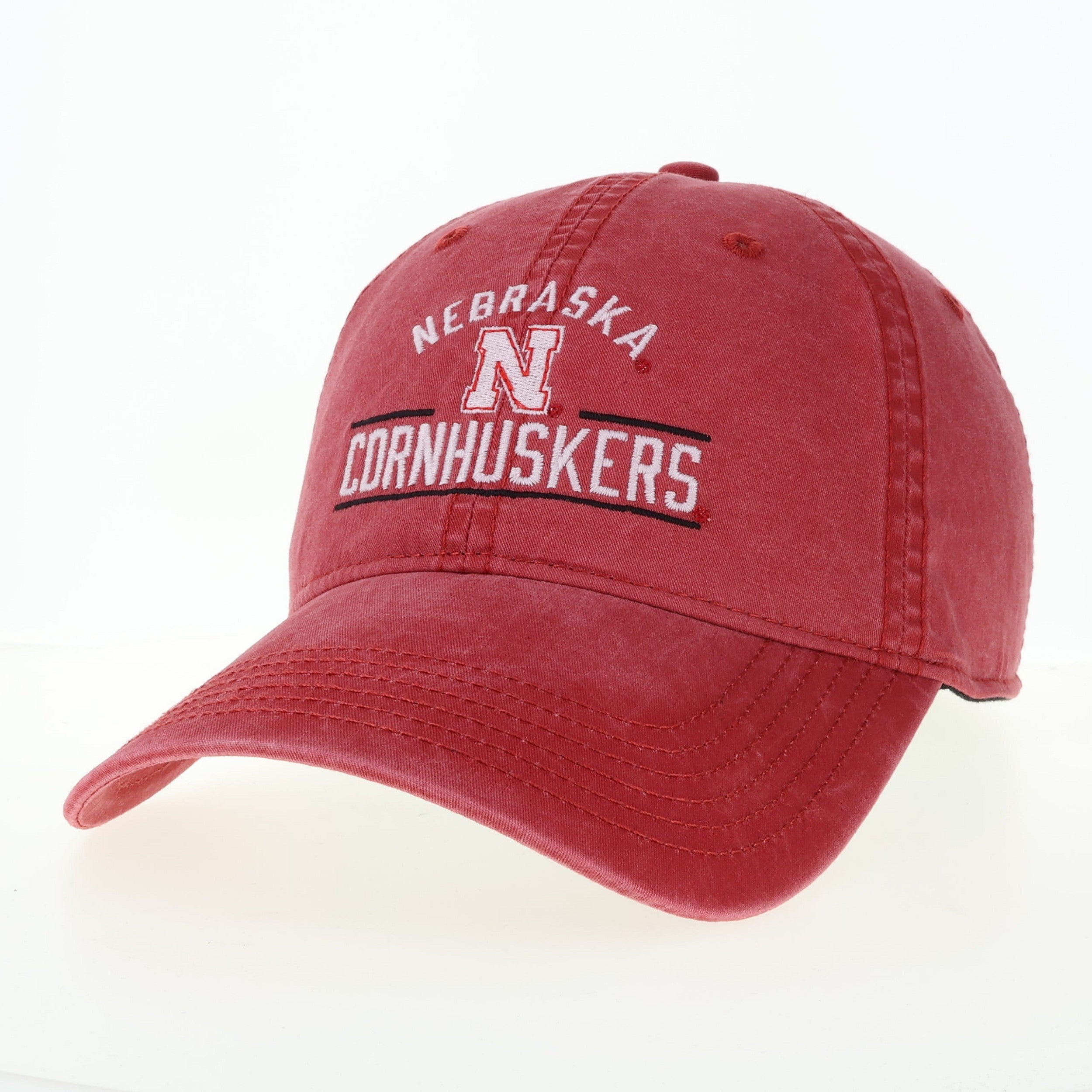 Red Weathered Nebraska Stacked Cornhuskers Hat, Adjustable Strap, Curved Bill, TTA - Nebraska Cornhuskers