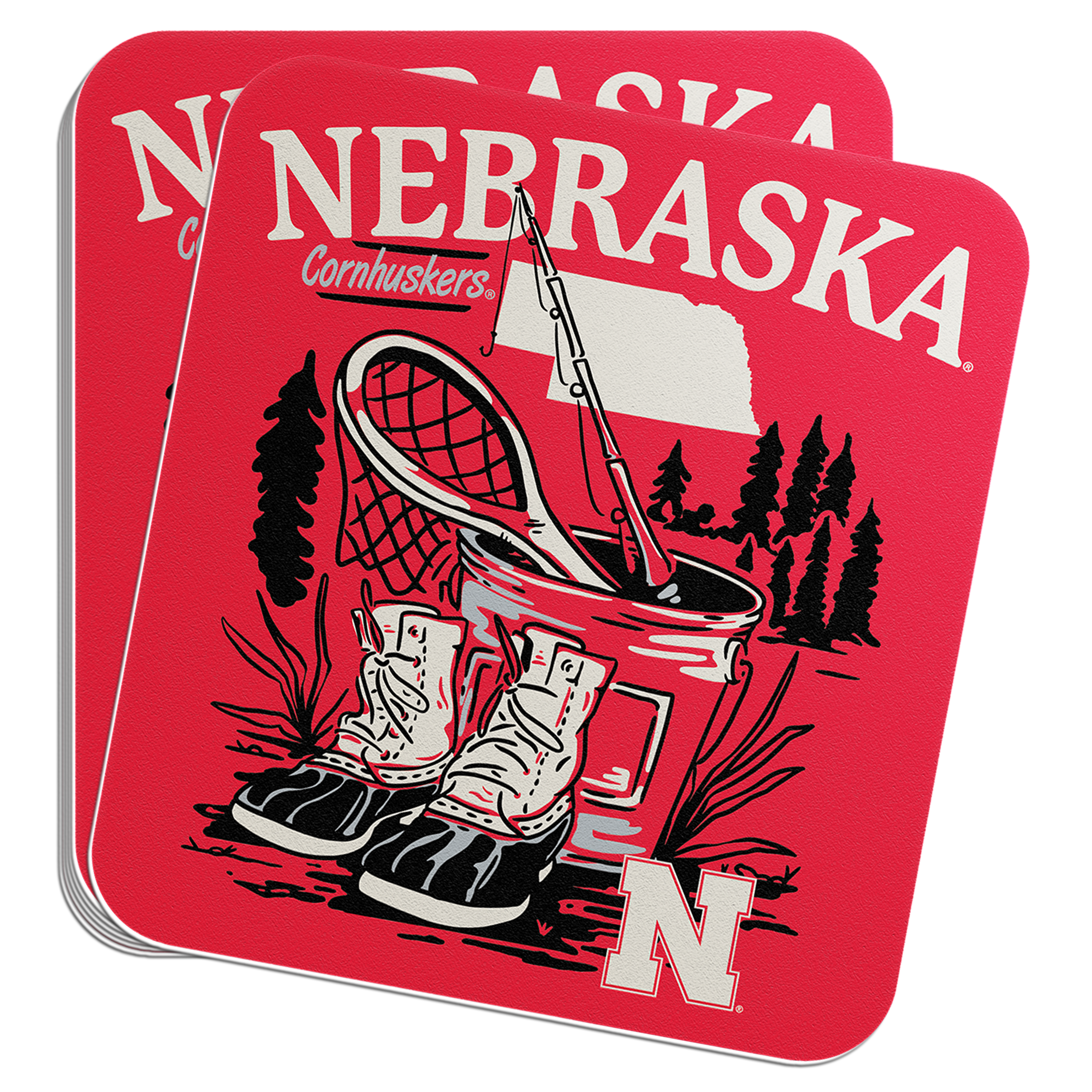 Rugged Fishing Net Sticker - Large - Nebraska Cornhuskers