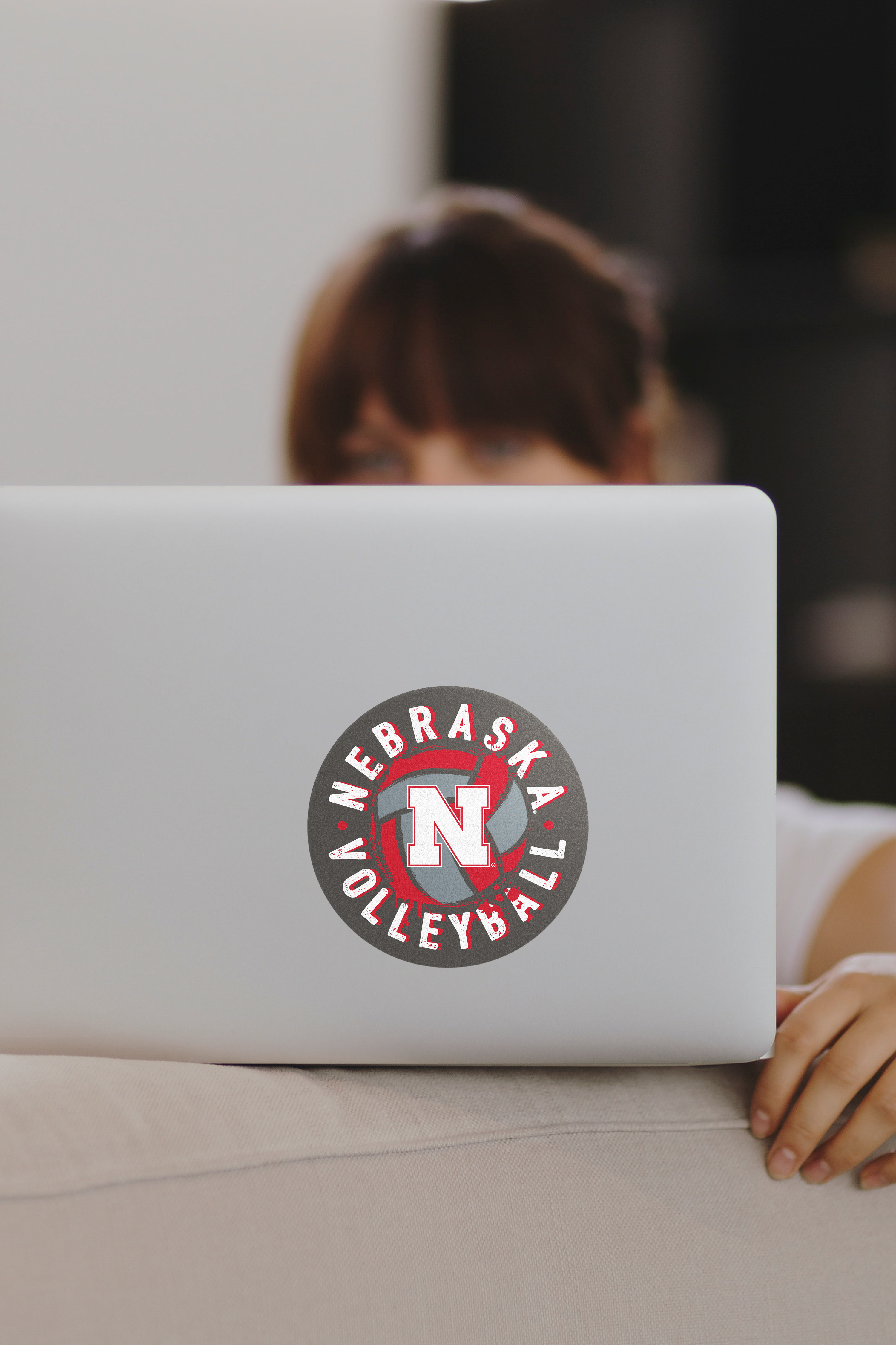 Rugged Grey Volleyball Circle Sticker - Medium - Nebraska Cornhuskers
