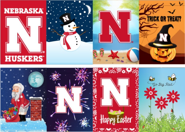 Seasonal 8 Pack - Garden Flags Double Sided Dye Sublimated 13in x 18in Nebraska Cornhuskers