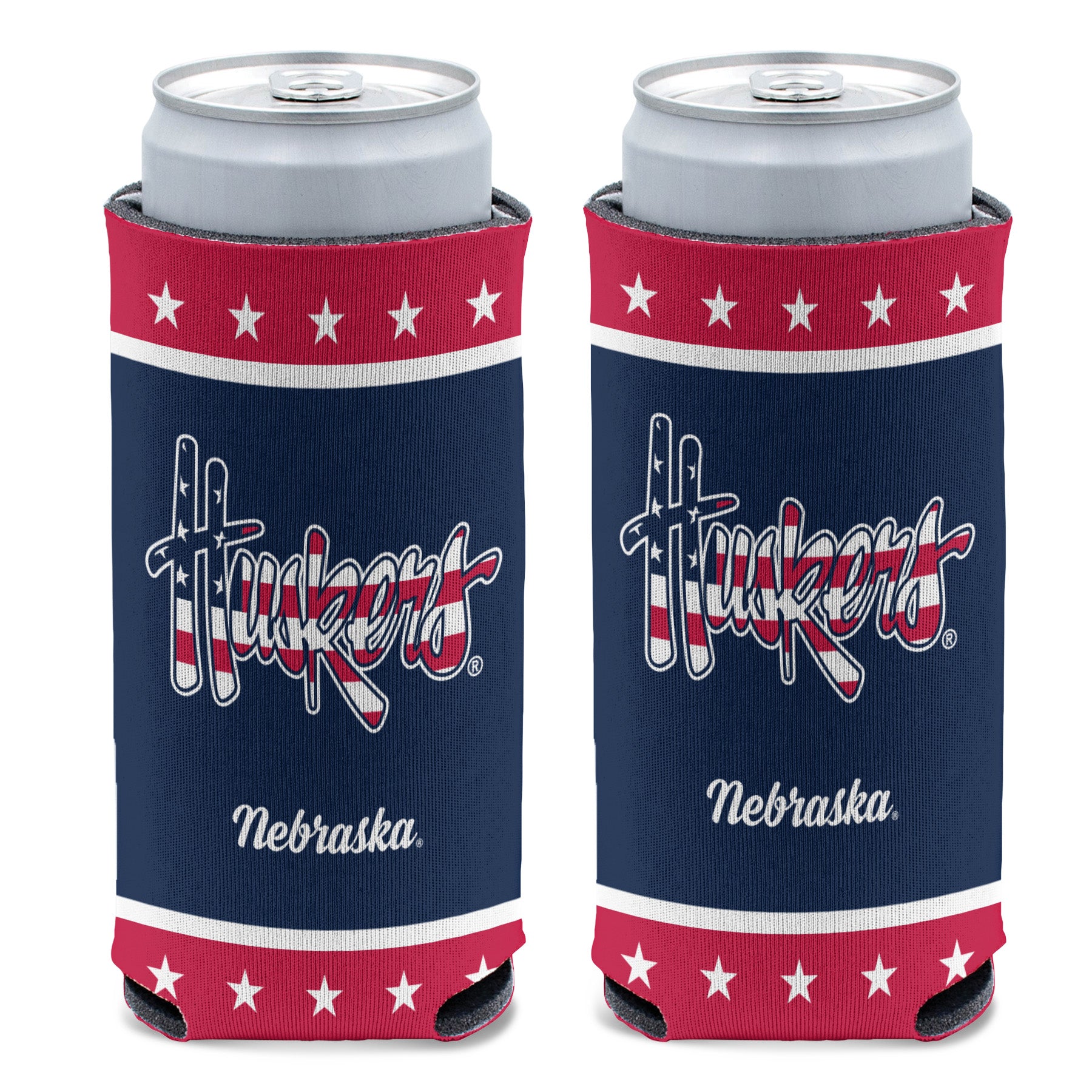 Stars and Stripes 12oz Slim Can Cooler Koozie - Nebraska Cornhuskers