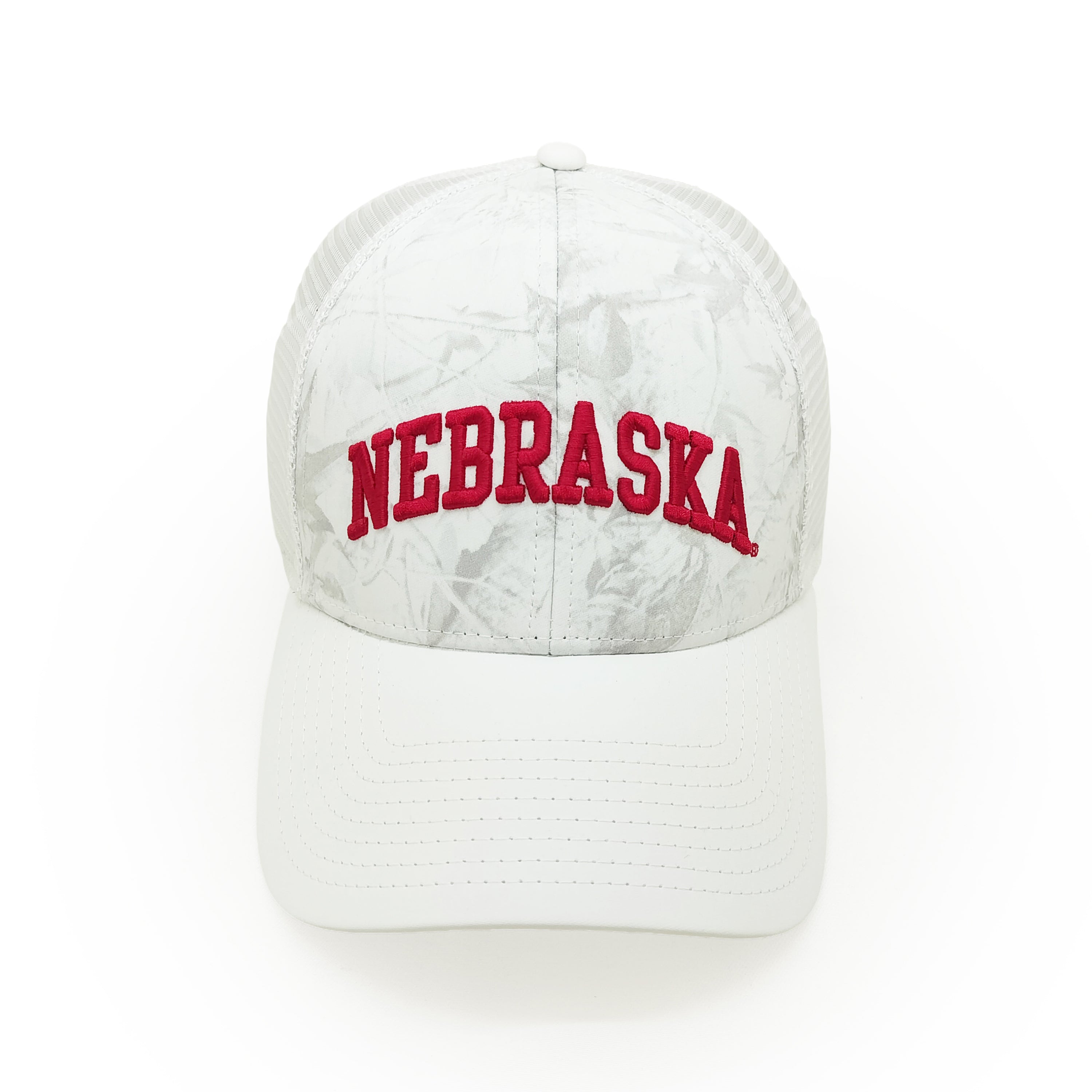Sublimated Performance Trucker White Camo Hat, Curved Bill, Snapback - Nebraska Cornhuskers