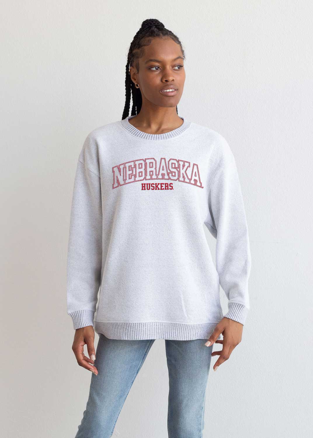 Warm Up Crew Sweatshirt, Lecture Embroidery on Heather Grey - Nebraska Cornhuskers