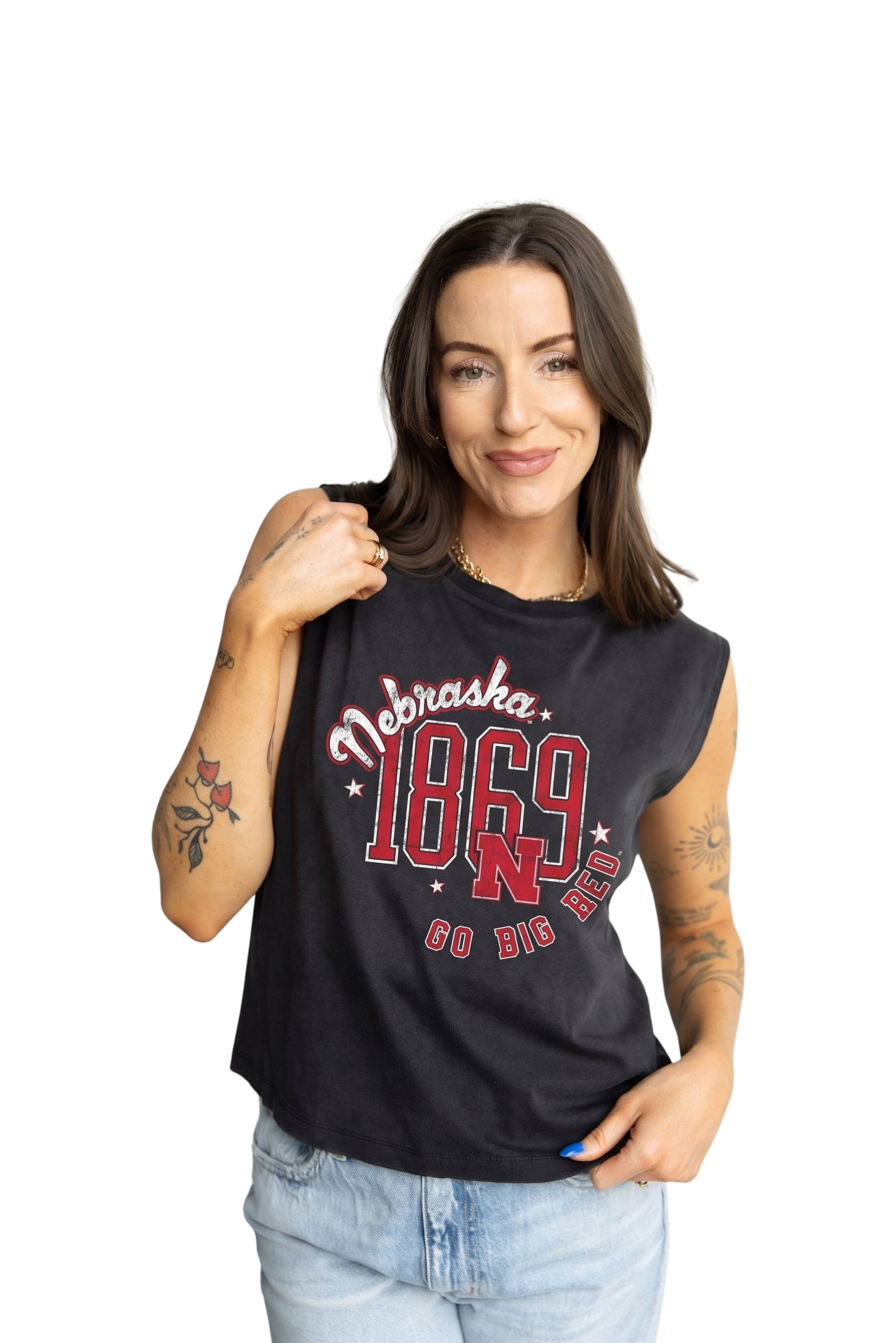 Washed Black Mid-Crop Top Tier Jersey Tank - Nebraska Cornhuskers