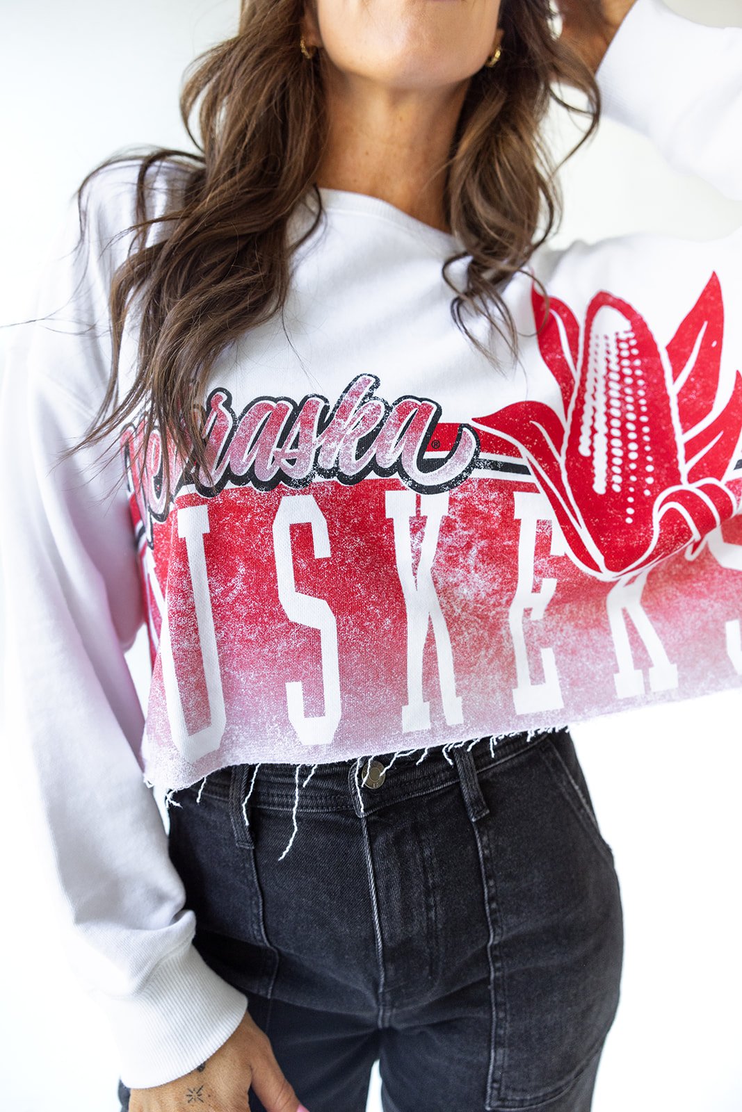 White Conway Cropped Long Sleeve - Nebraska Cornhuskers