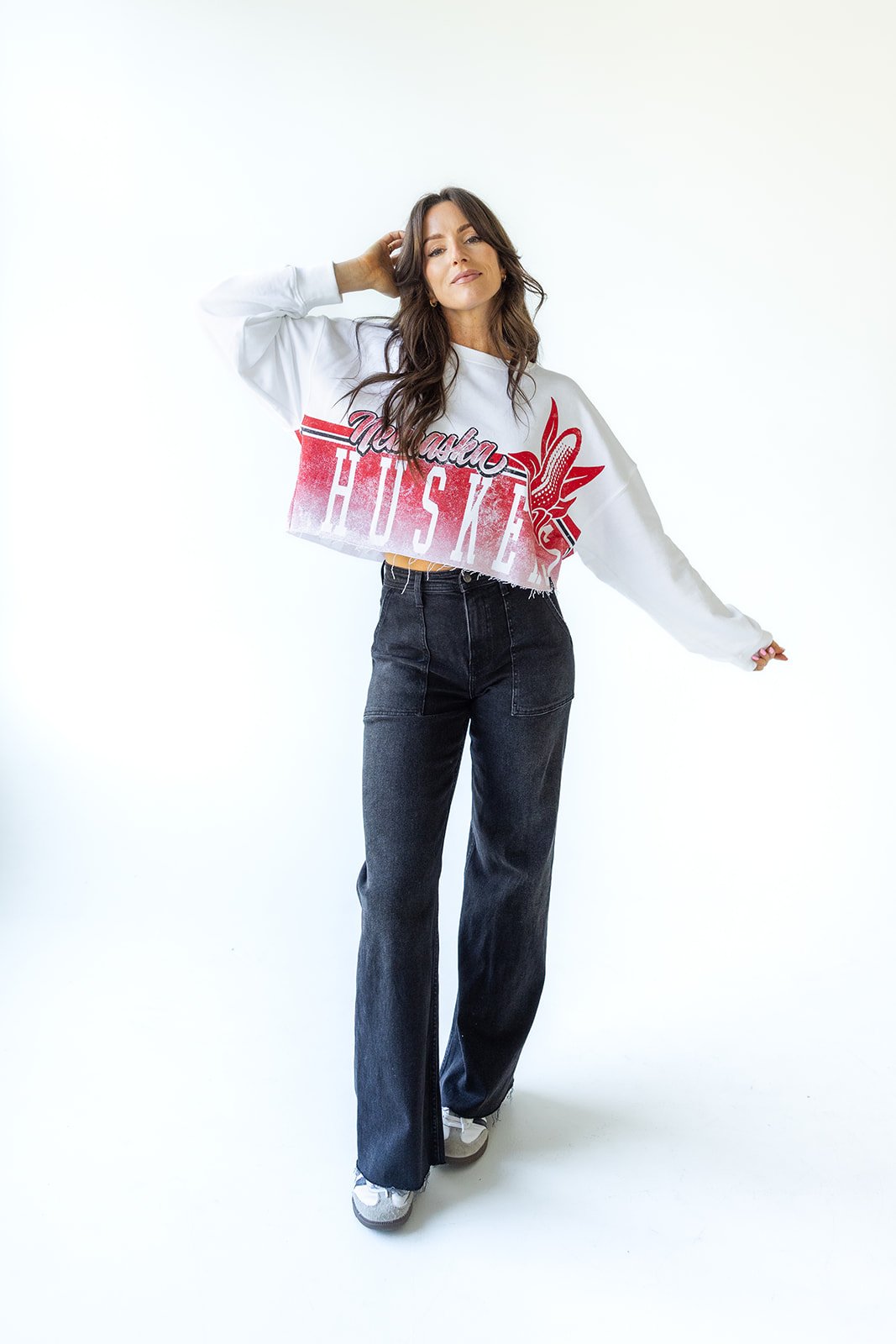 White Conway Cropped Long Sleeve - Nebraska Cornhuskers