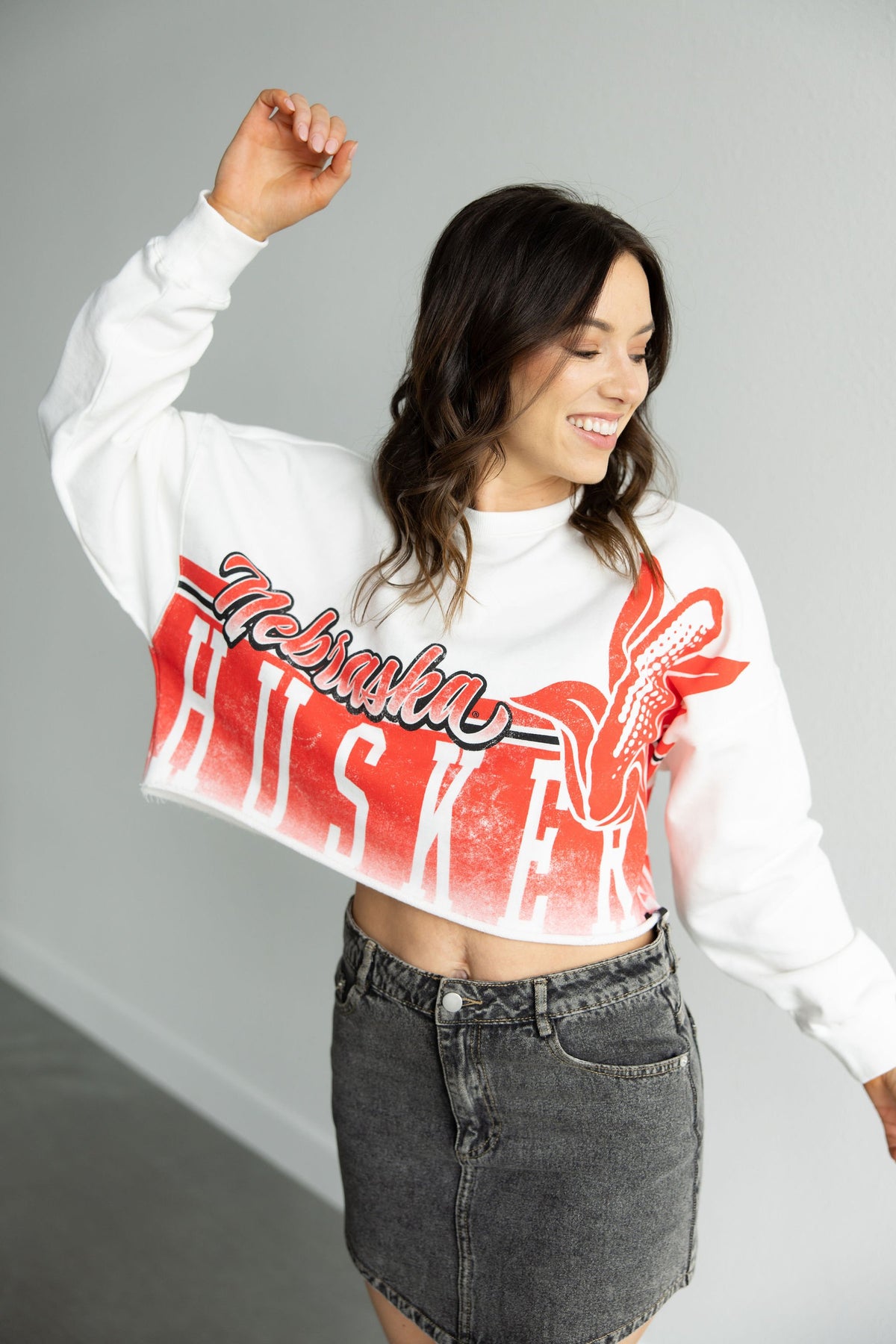 White Conway Cropped Long Sleeve - Nebraska Cornhuskers