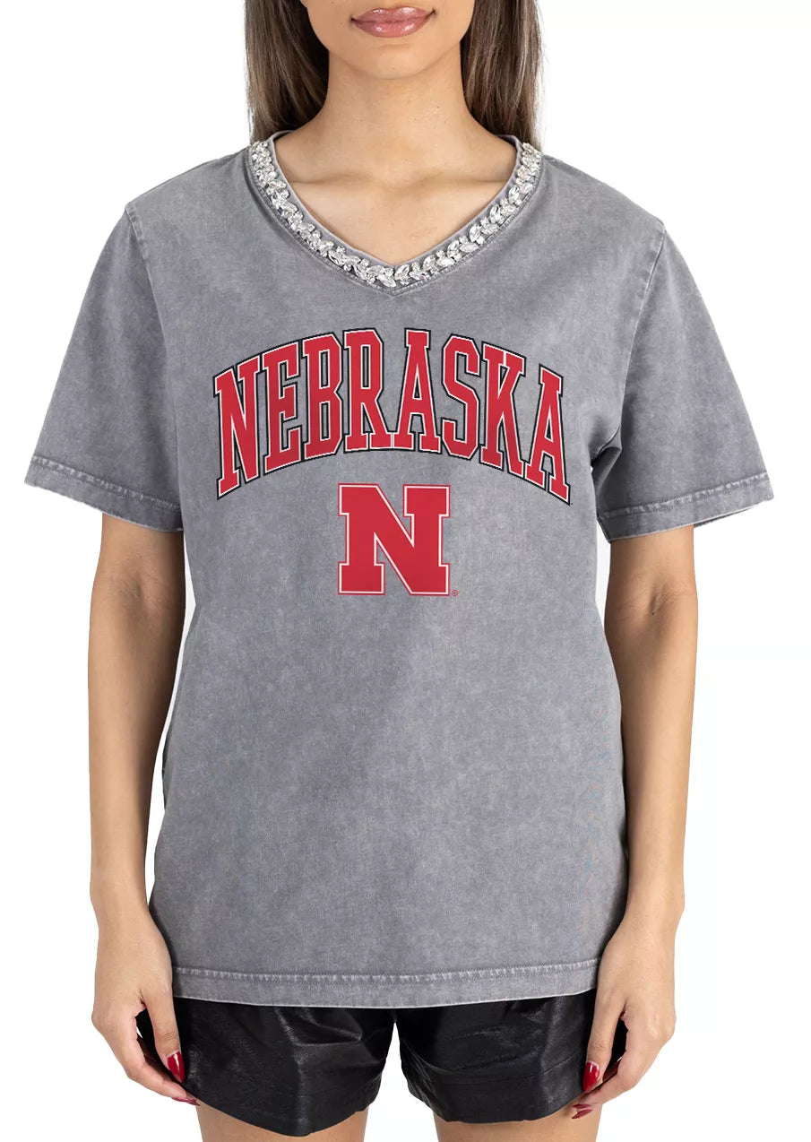 Women's Grey Bling V-Neck Tee Nebraska Cornhuskers