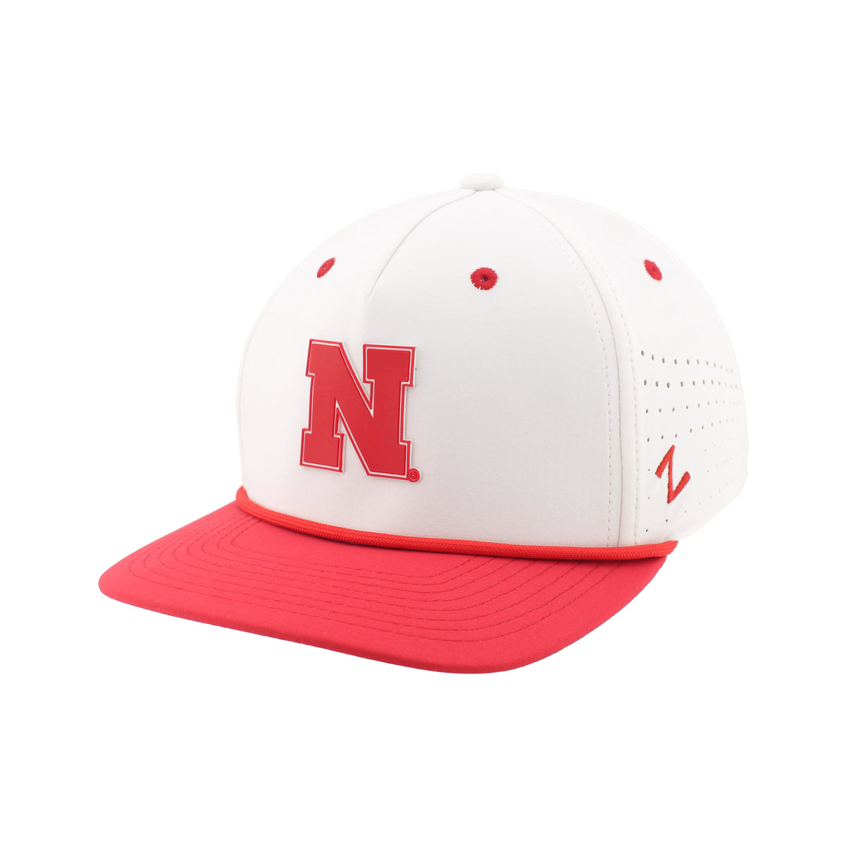 Structured 5-Panel Red and White Rope Hat, Pre-Curved Bill, Snapback - Nebraska Cornhuskers