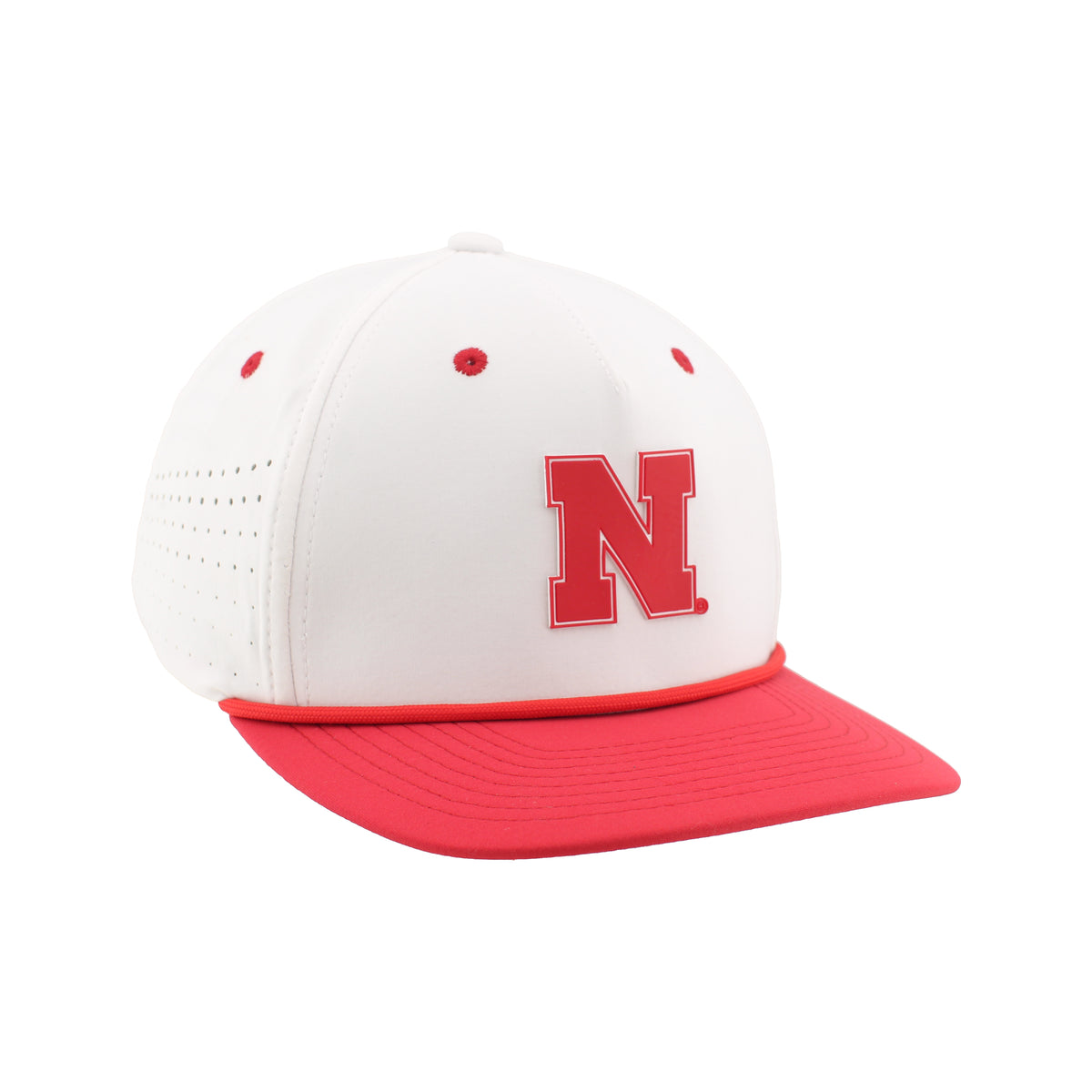 Structured 5-Panel Red and White Rope Hat, Pre-Curved Bill, Snapback - Nebraska Cornhuskers