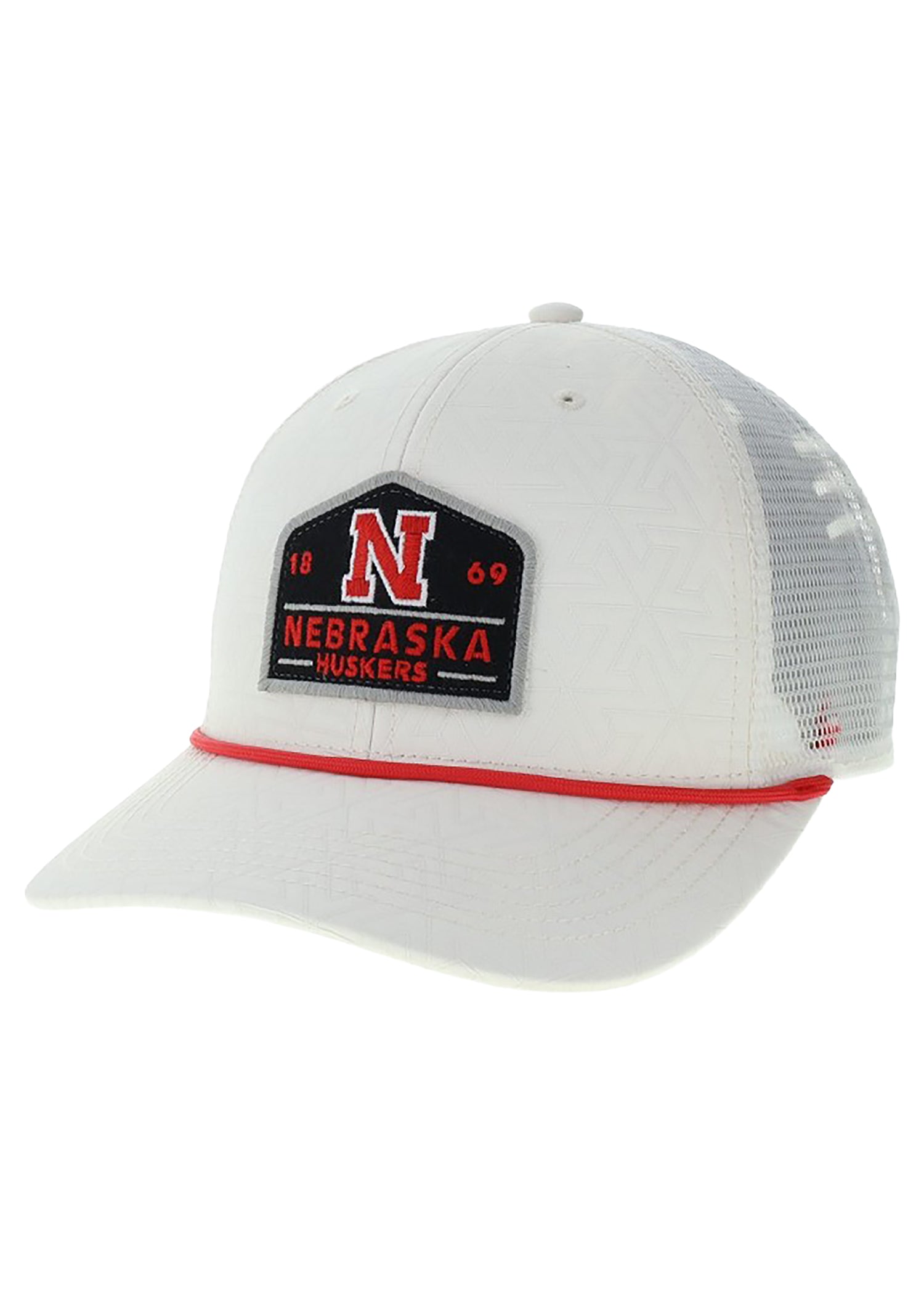 White Rope Trucker Hat w/ Shield Patch & Block “N”, Snapback, Curved Bill