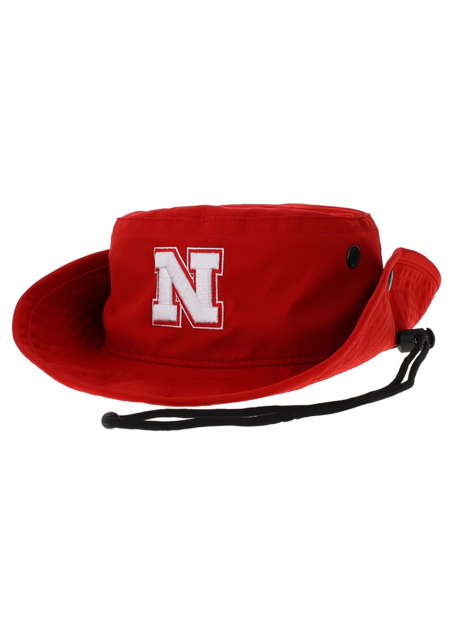 Red Bucket Hat with Embroidered Block “N” & Chin Cord