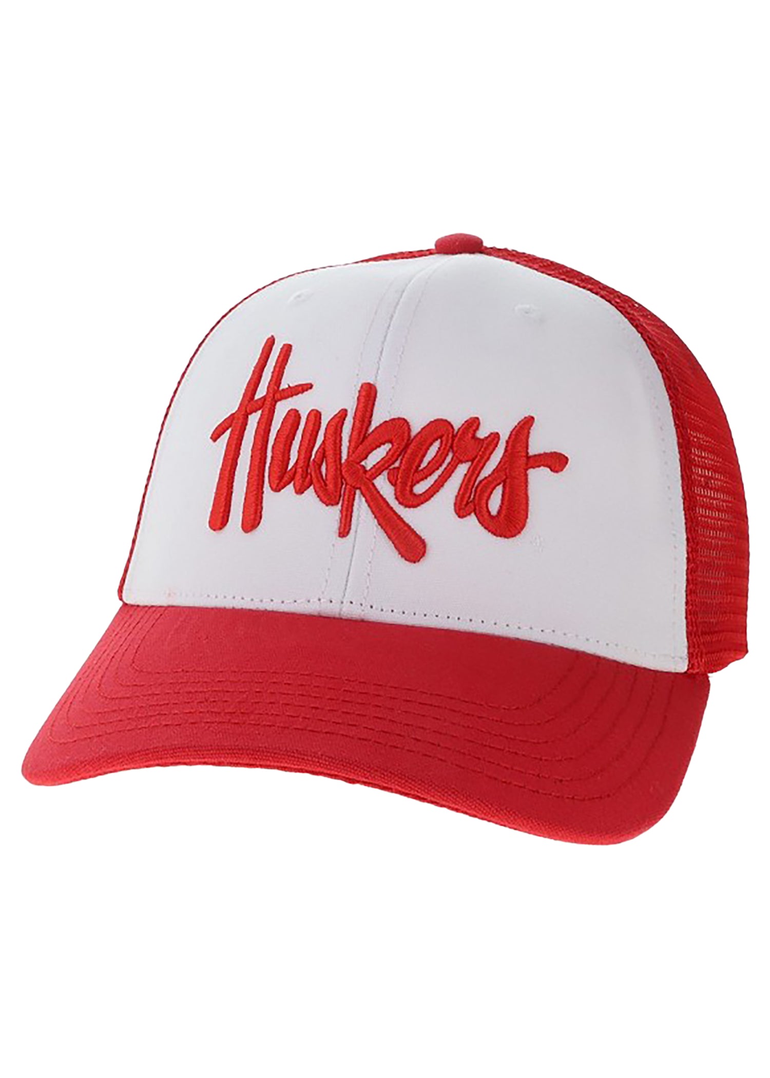 Red/White “Huskers” Script Mesh Trucker Hat, Snapback, Curved Bill
