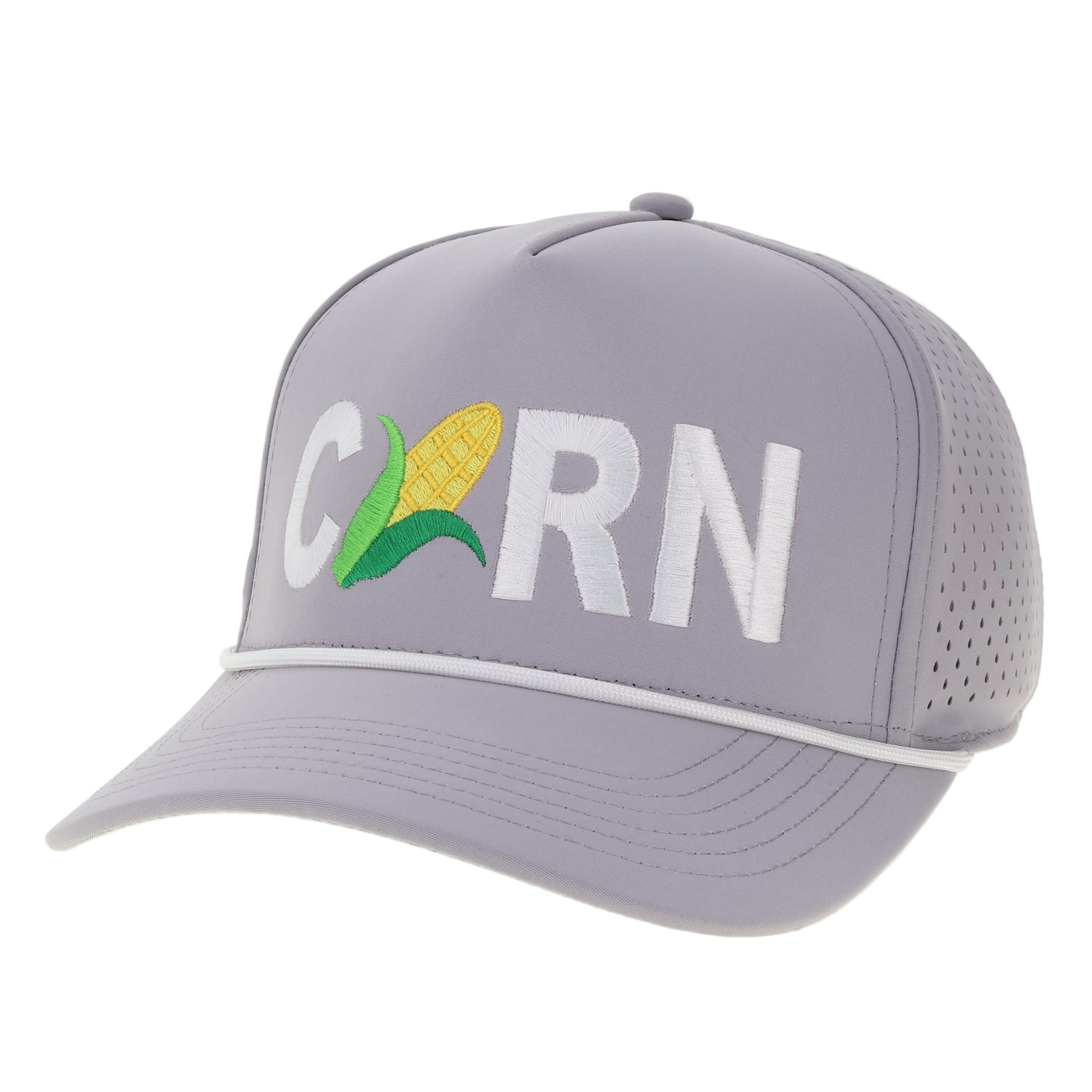 Grey Hat with Stitched CORN and Icon, Snapback, Curved Bill