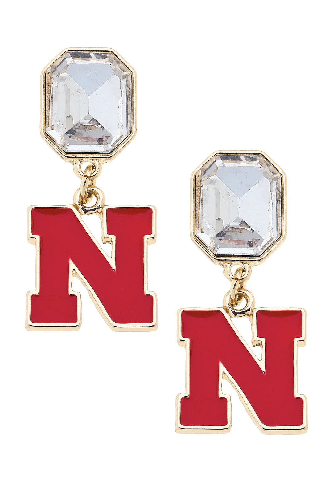 Nebraska Huskers Rhinestone Enamel Logo Earrings in Shiny Gold