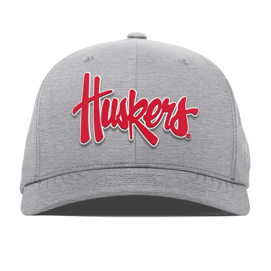 Branded Bills Grey Script Huskers Hat, Pre-Curved Bill, Stretch-Fitted - Nebraska Cornhuskers