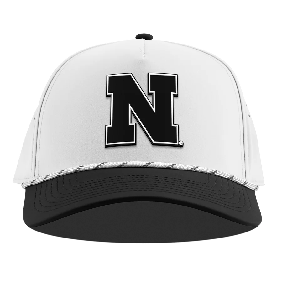 Branded Bills Black and White Tonal N with White Rope Hat, Pre-Curved Bill, Snapback - Nebraska Cornhuskers