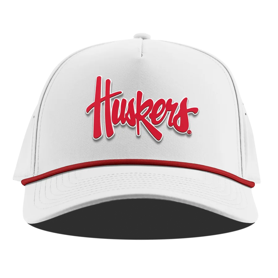 Branded Bills White with Red Rope Huskers Script Hat, Pre-Curved Bill, Snapback - Nebraska Cornhuskers