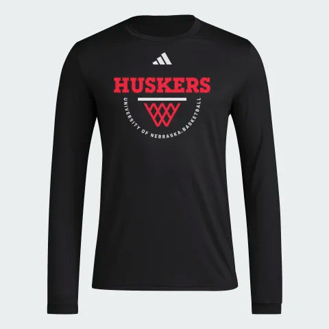 Adidas Black Basketball Long Sleeve Pregame Dri-Fit Tee JV6276 Nebraska Cornhuskers