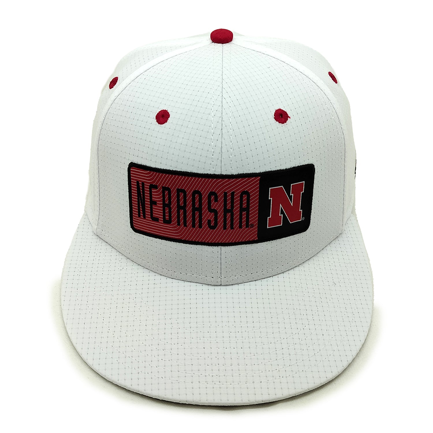Air-Tek Breathable Fabric in White Stretch-Fit Hat, Flat Cap, Fitted - Nebraska Cornhuskers