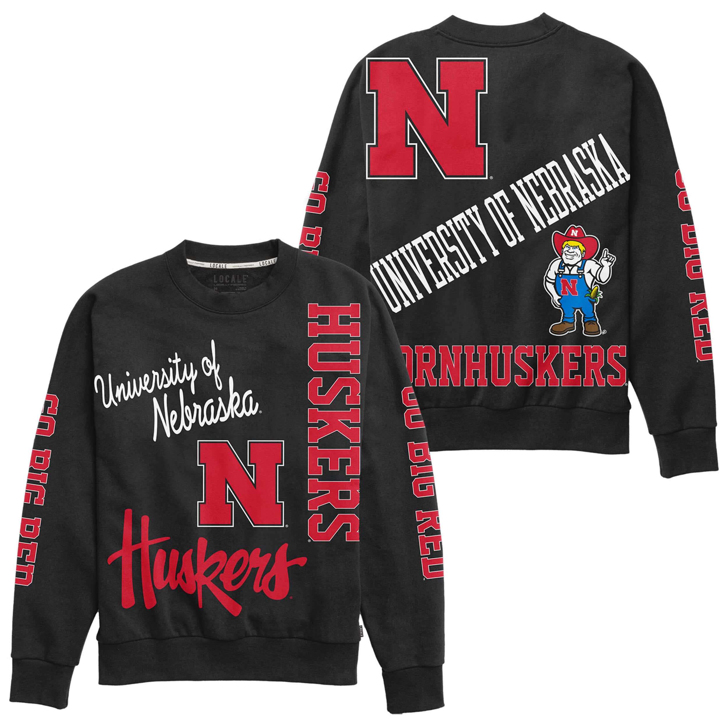 Black Crewneck Sweatshirt with Patchwork Design - Nebraska Cornhuskers