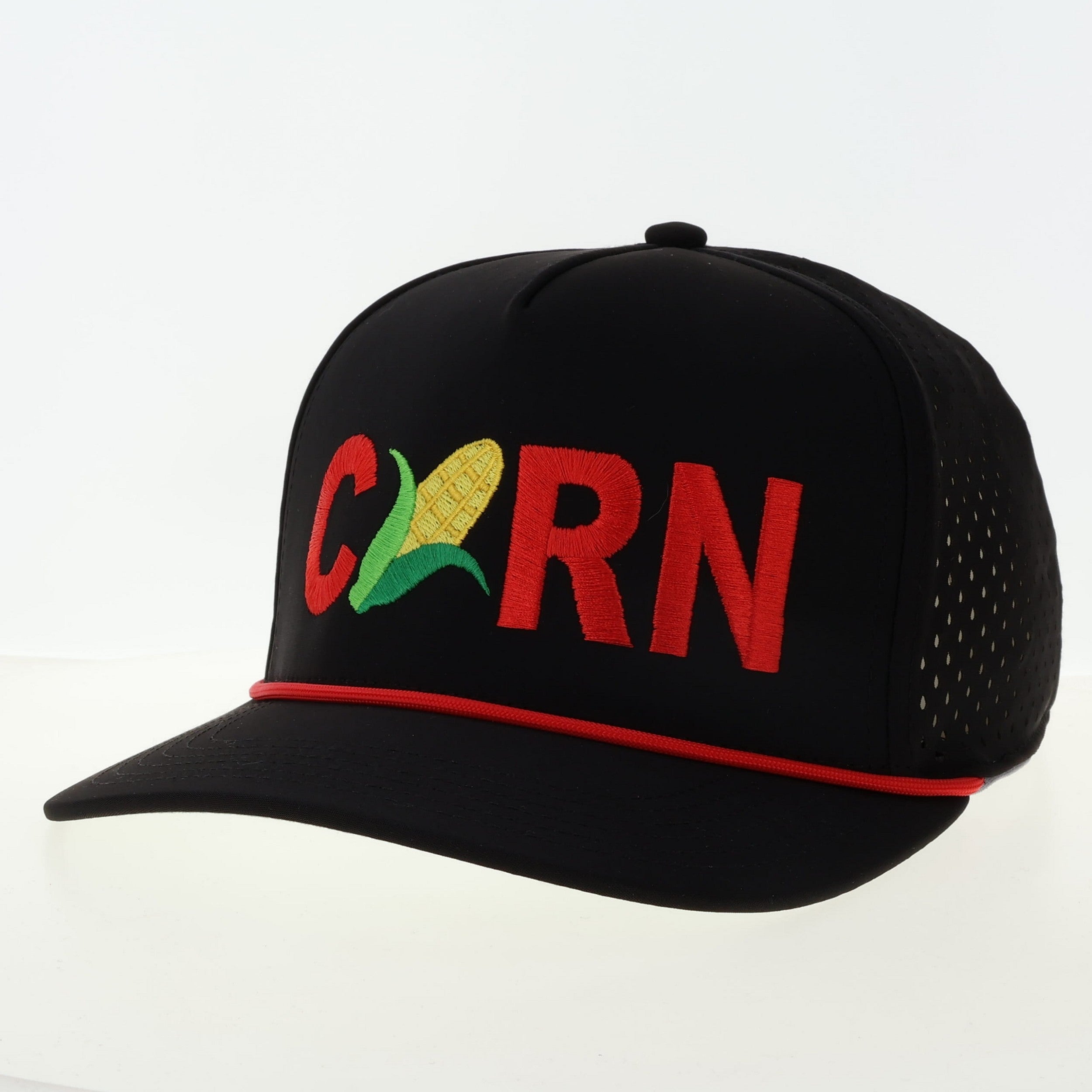 Black Hat with Stitched CORN and Icon, Snapback, Curved Bill, Cut Above - Nebraska Cornhuskers
